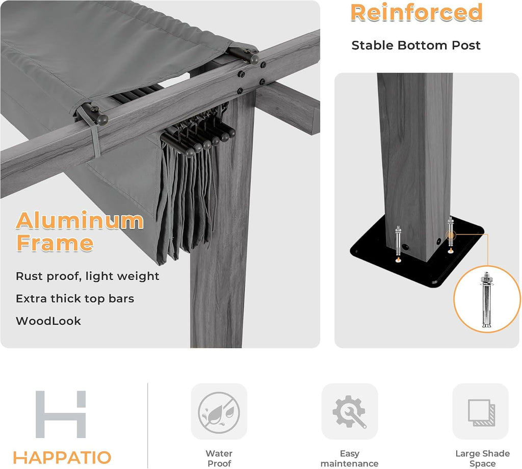 HAPPATIO 10' X 13' Wood-Grain Retractable Pergola with Sun Shade Canopy, Patio Aluminum Frame Shelter for Backyards, Gardens, Porch, Includes Ground Studs and Expansion Screws (Grey)