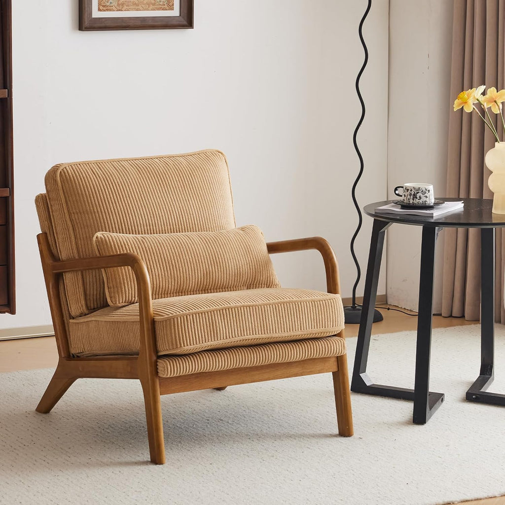 Karl home Mid-Century Modern Accent Chair, Living Room Chairs with Pillow Upholstered Lounge Armchair with Solid Wood Frame & Soft Cushion for Bedroom, Reading Room, Corduroy Khaki (Low Back)