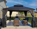 PURPLE LEAF 12' X 12' Hardtop Gazebo Canopy with Netting and Curtains for Outdoor Hot Tub Heavy Duty Backyard Sunshade Deck Metal Roof Patio Permanent Pavilion