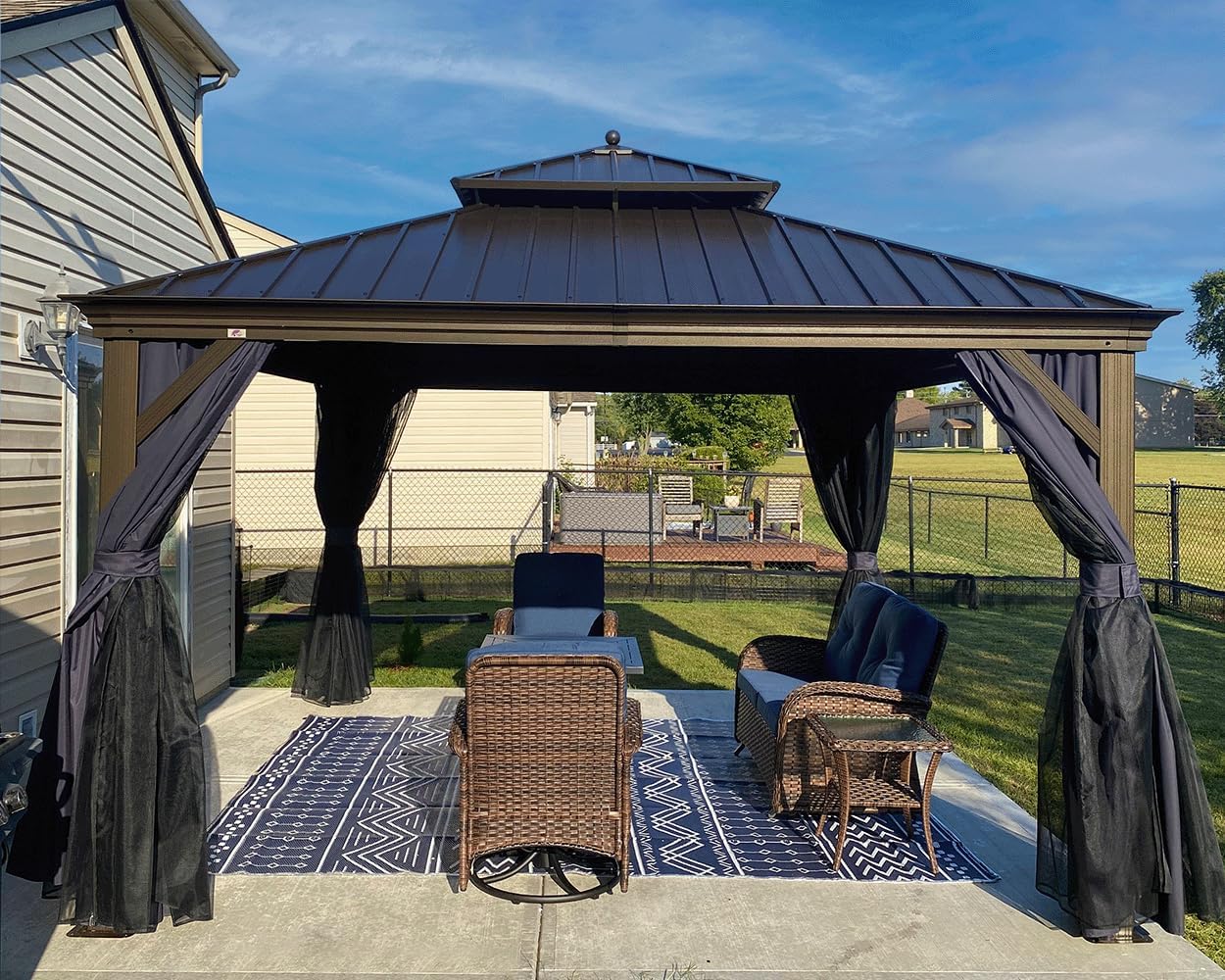 PURPLE LEAF 12' X 12' Hardtop Gazebo Canopy with Netting and Curtains for Outdoor Hot Tub Heavy Duty Backyard Sunshade Deck Metal Roof Patio Permanent Pavilion
