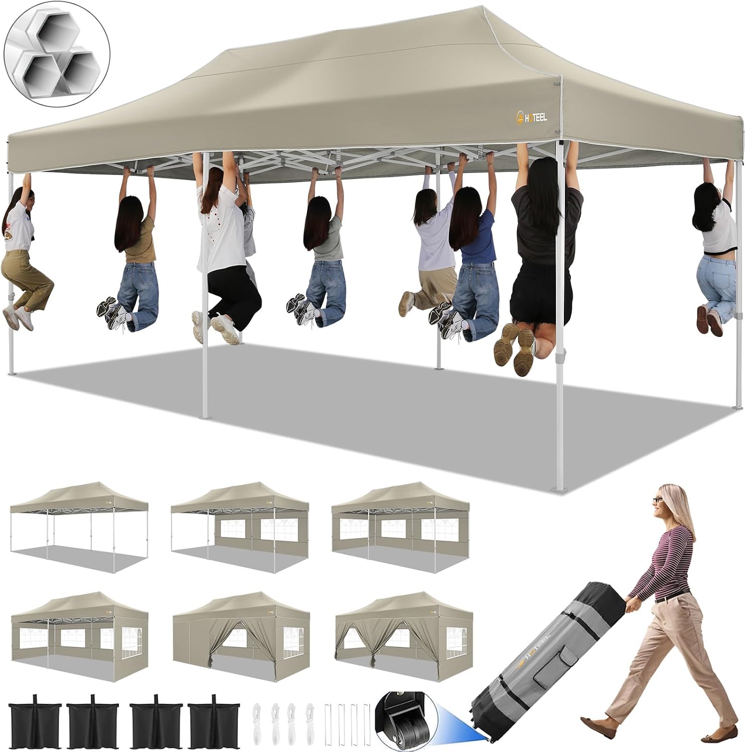 HOTEEL 10x20 Pop up Canopy Tent for Parties, Heavy Duty Easy Setup Tent with 6 Sidewalls, Outdoor Commercial Instant Gazebo for Wedding Event, with Roller Bag & Sand Bags, Khaki(Hexagonal Frame)
