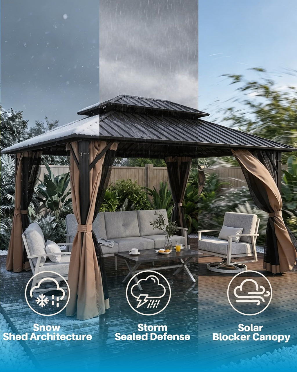 10' x 12' Hardtop Gazebo, Aluminum Frame Outdoor Patio Gazebo with Netting and Curtains, Outdoor Hardtop Gazebos, Patio Pergolas with Double Metal Roofs for Backyard, Patio, Deck, Sandstone