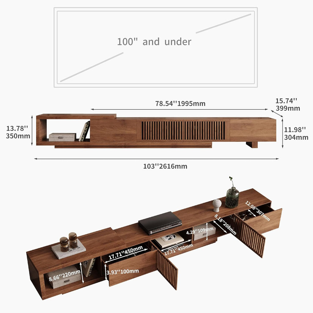 Mid Century Modern TV Stand for 75+ Inch TVs, Extendable Media Console (78'-103') with Ample Storage - Sleek Walnut Entertainment Center for Living Room