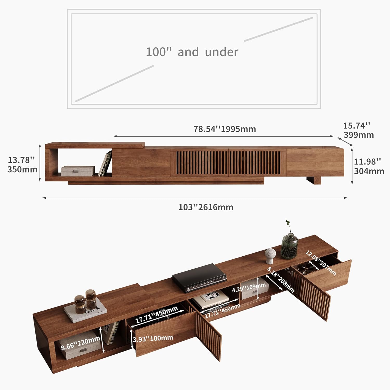 Mid Century Modern TV Stand for 75+ Inch TVs, Extendable Media Console (78'-103') with Ample Storage - Sleek Walnut Entertainment Center for Living Room