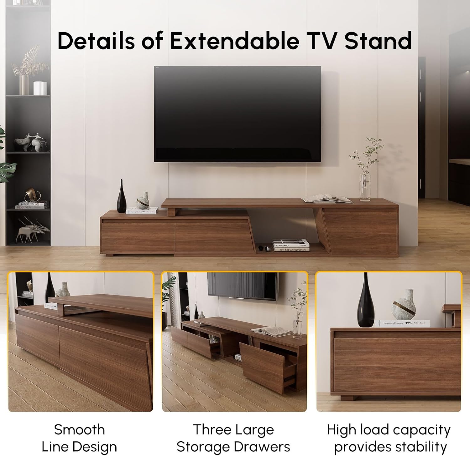 homary TV Stand for Living Room, Walnut Extendable Media Console, Minimalist Media Entertainment Center with 3 Drawers, Adjustable TV Stand for Up to 110 Inch TVs