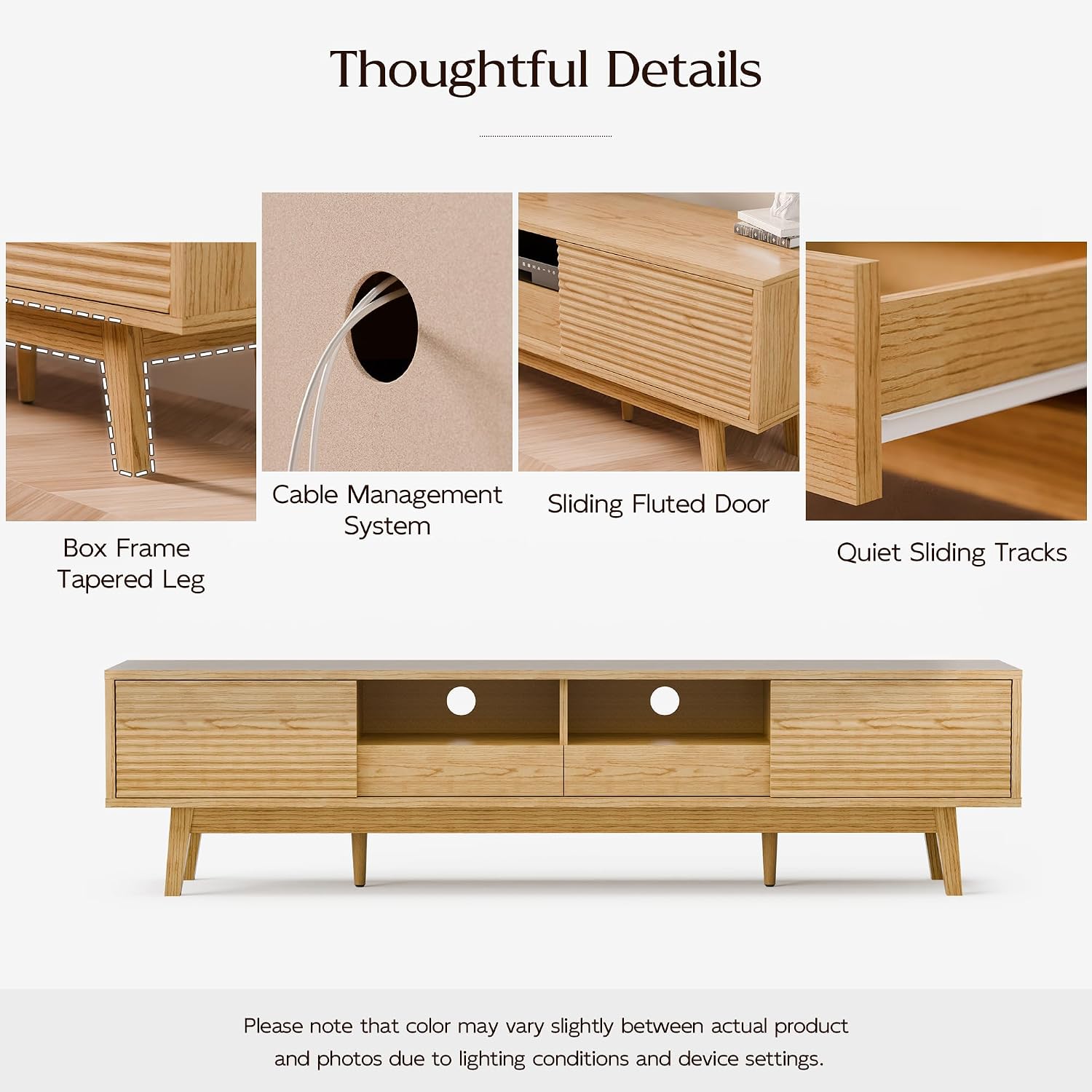 TOLEAD 70' Mid Century Modern TV Stand for TVs up to 75 Inch, Low Profile Entertainment Center with Fluted Sliding Doors & Storage Drawers, Wood TV Console Table for Living Room, Oak