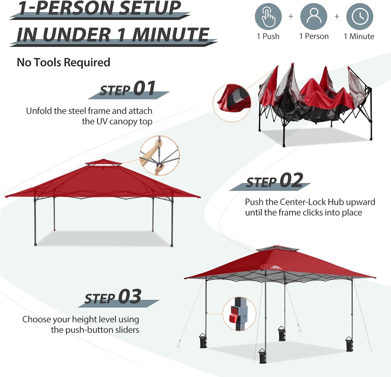 EAGLE PEAK 13x13 Straight Leg Pop Up Canopy Tent Instant Outdoor Canopy Easy Single Person Set up Folding Shelter w/Auto Extending Eaves 169 Square Feet of Shade (Red)