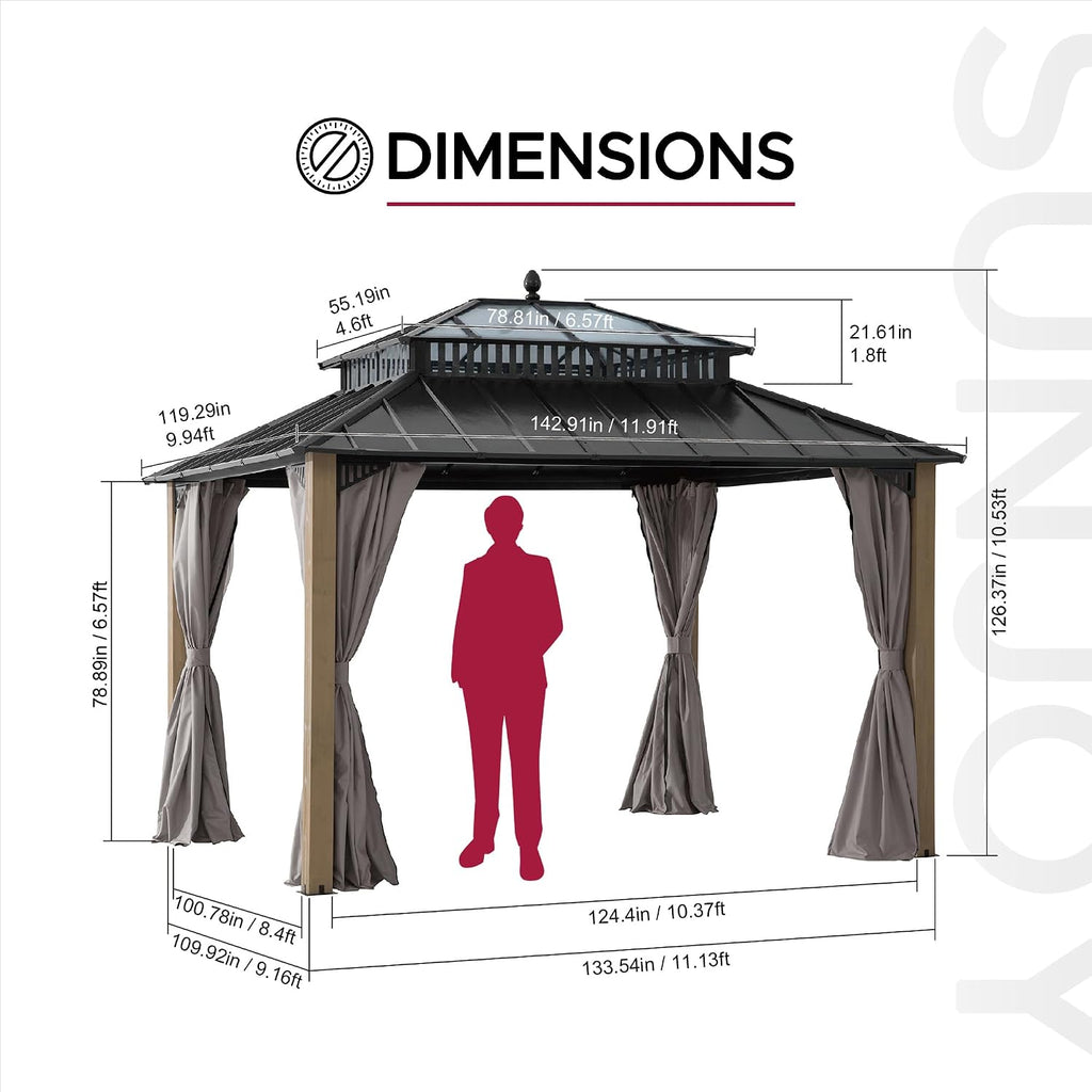 SUNJOY Kingston 12' x 10' Hardtop Wood Gazebo with Galvanized Steel/Polycarbonate Double Roof, Curtain and Netting, Cedar Posts Permanent Pavilion Gazebo for Garden, Patio, Deck, Lawn