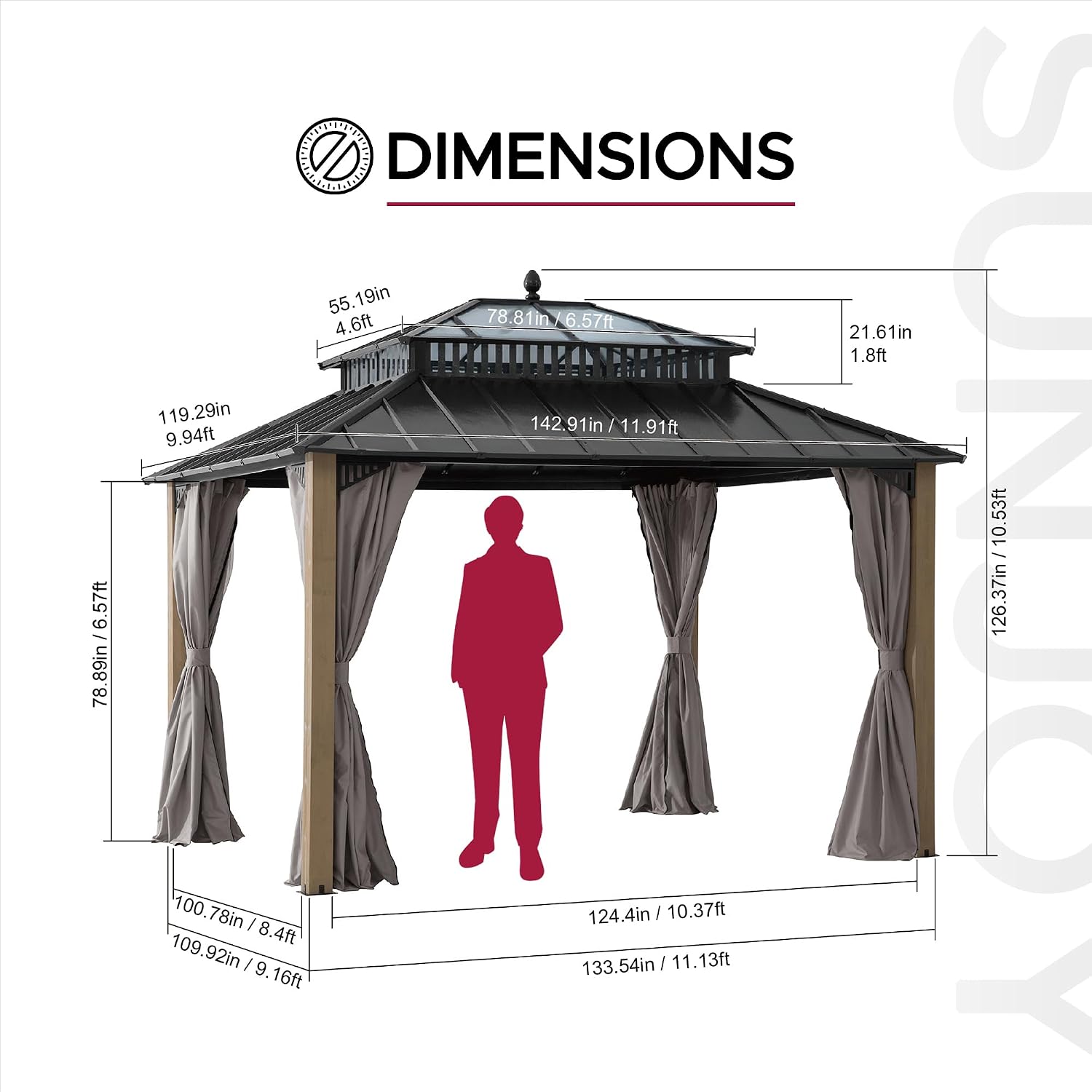 SUNJOY Kingston 12' x 10' Hardtop Wood Gazebo with Galvanized Steel/Polycarbonate Double Roof, Curtain and Netting, Cedar Posts Permanent Pavilion Gazebo for Garden, Patio, Deck, Lawn