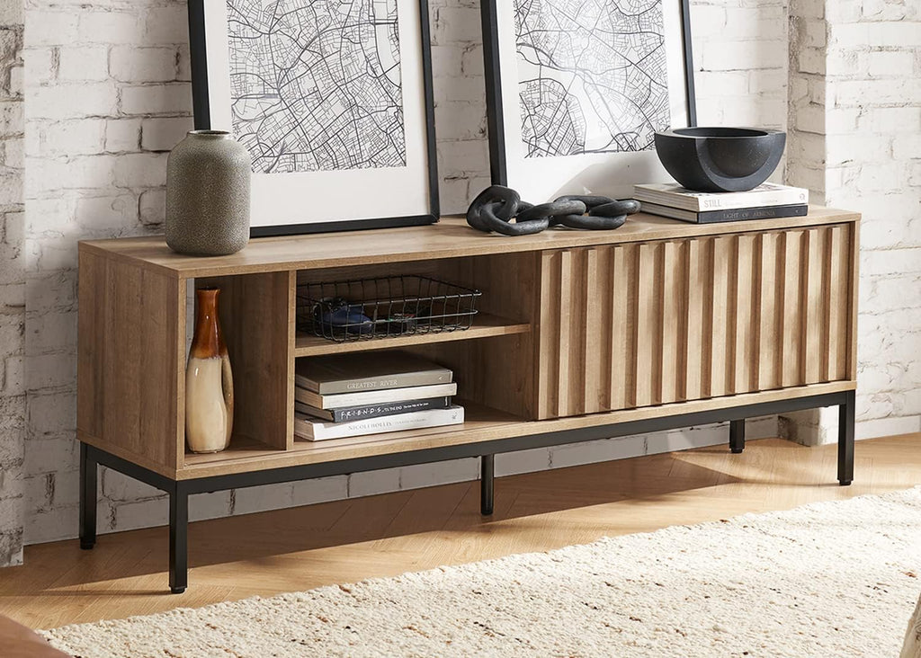 mopio Norwin TV Stand, Rustic Modern Industrial Television Stand for 60/65/70 inch TV, Fluted Entertainment Center with Storage, Wood Media Console Credenza Cabinet Table (Oak 64' TV Stand)