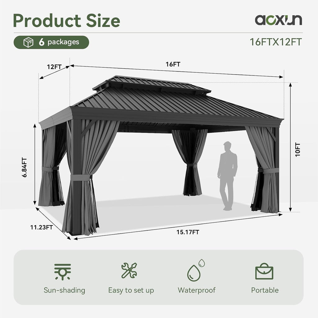 Aoxun Hardtop Gazebo 12x16 with Gutter, Upgraded Wider Aluminum Outdoor Gazebo with Galvanized Steel Double Roof, Patio Permanent Metal Pavilion with Netting and Privacy Curtain