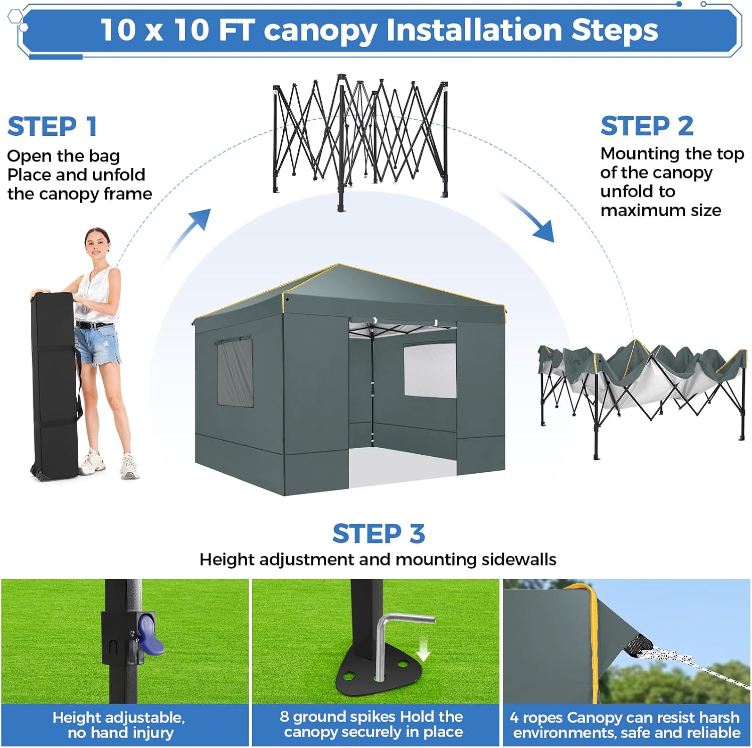 COBIZI 10x10 Pop Up Canopy Tent with Sidewalls and Roll-up Ventilated Windows with Mosquito net, Ez Outdoor Commercial Instant Gazebo Tent for Party Waterproof with Carrybag