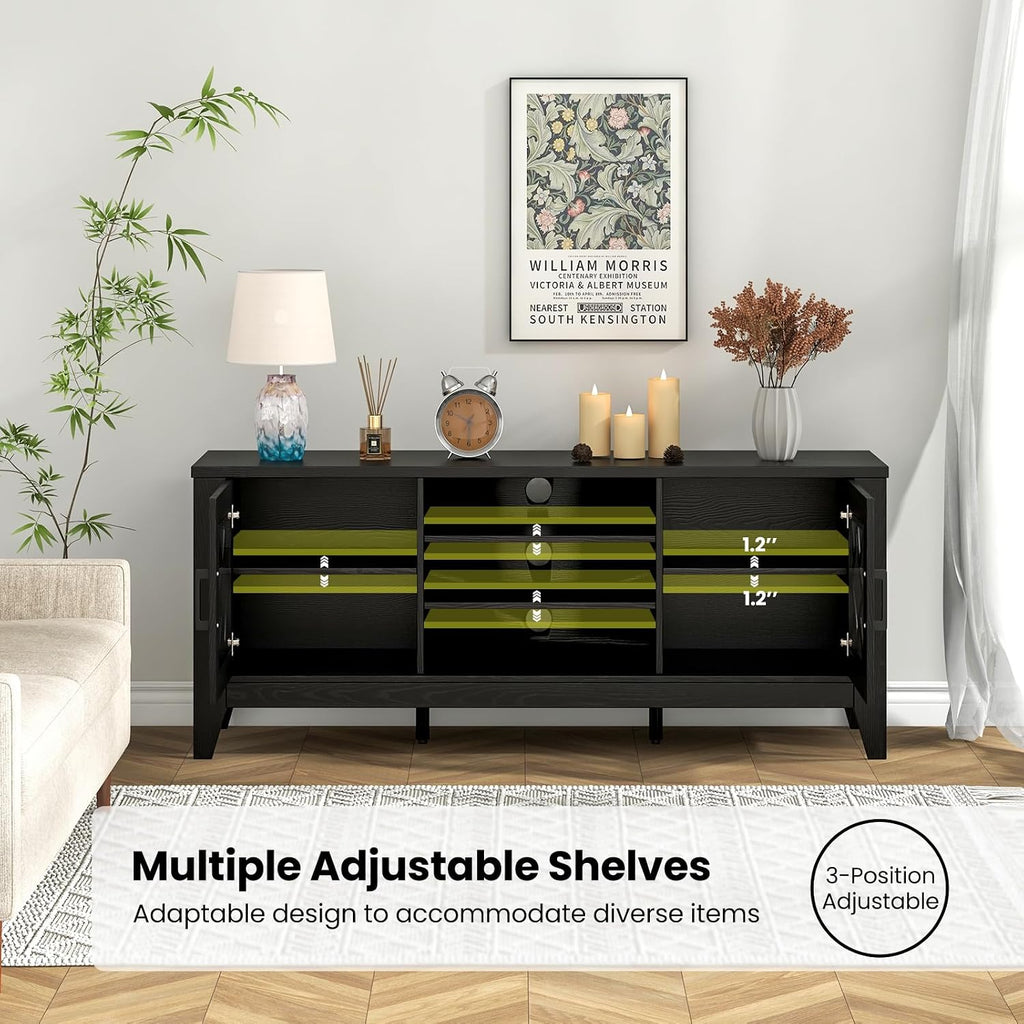 Giantex Farmhouse TV Stand for TVs up to 65', Entertainment Center with 4 Adjustable Storage Shelves & Tempered Glass Doors, Modern TV Console Table for Bedroom, Living Room