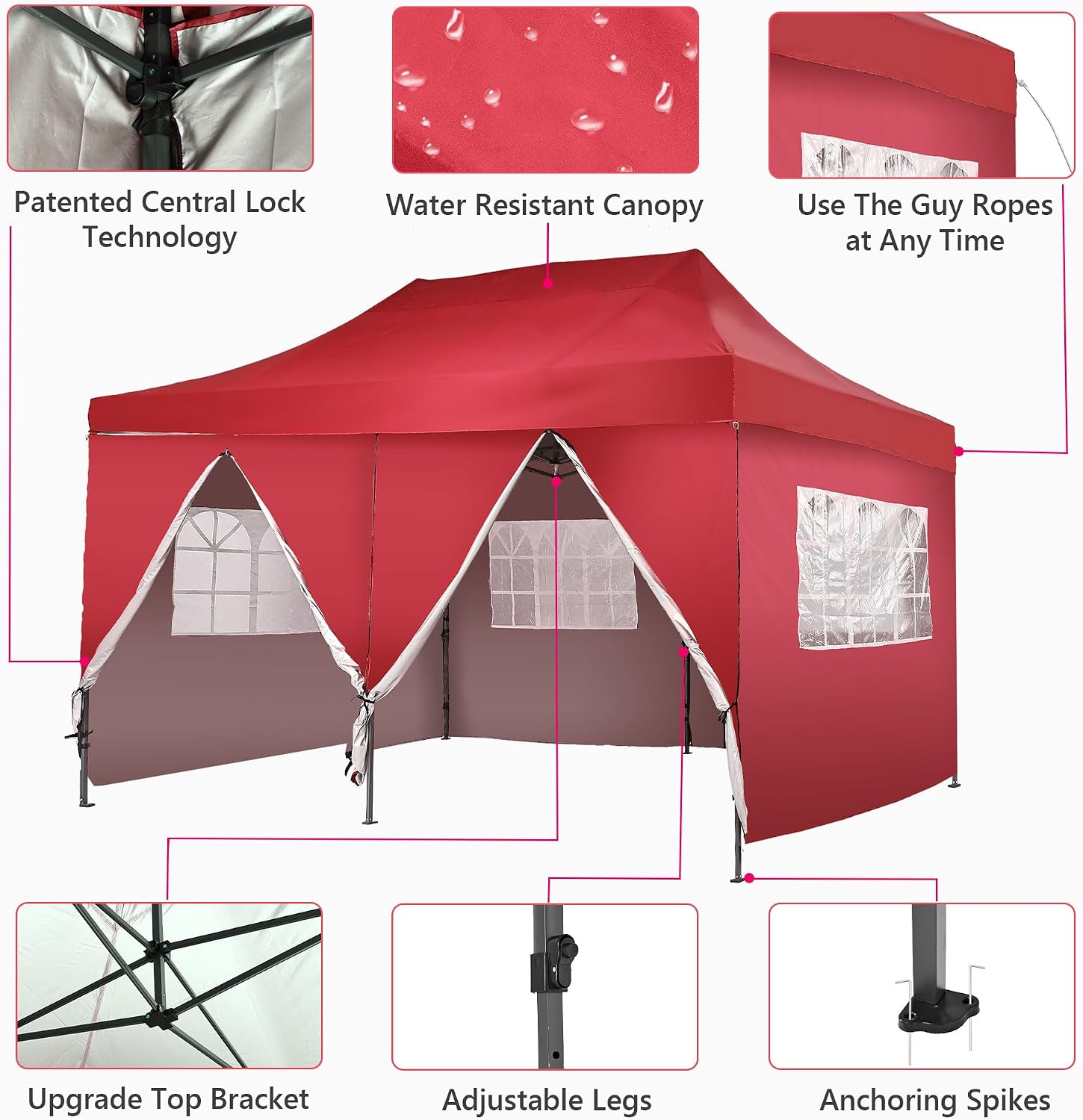 GDY 10'x20' Pop Up Canopy, Folding Party Tent with 6-Panel Removable Sidewalls, Heavy Duty Outdoor Commercial Instant Gazebo with Wheeled Bag, Red.