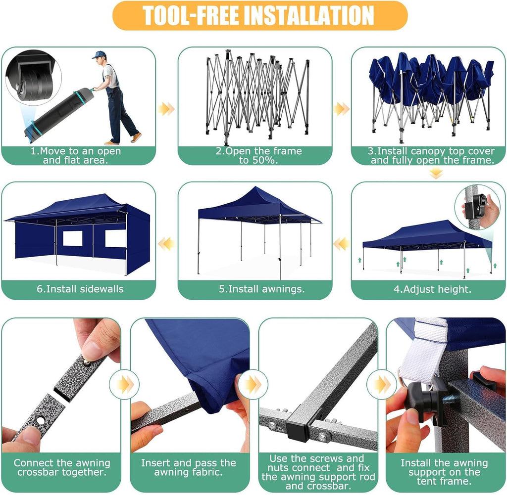 COBIZI 10x20 Pop Up Canopy Tent with Awning,Heavy Duty Canopy UPF 50+ All Season Wind Waterproof Commercial Outdoor Street Vendors Party Tents for Parties Canopy with Roller Bag(10 x 20 ft Dark Blue)