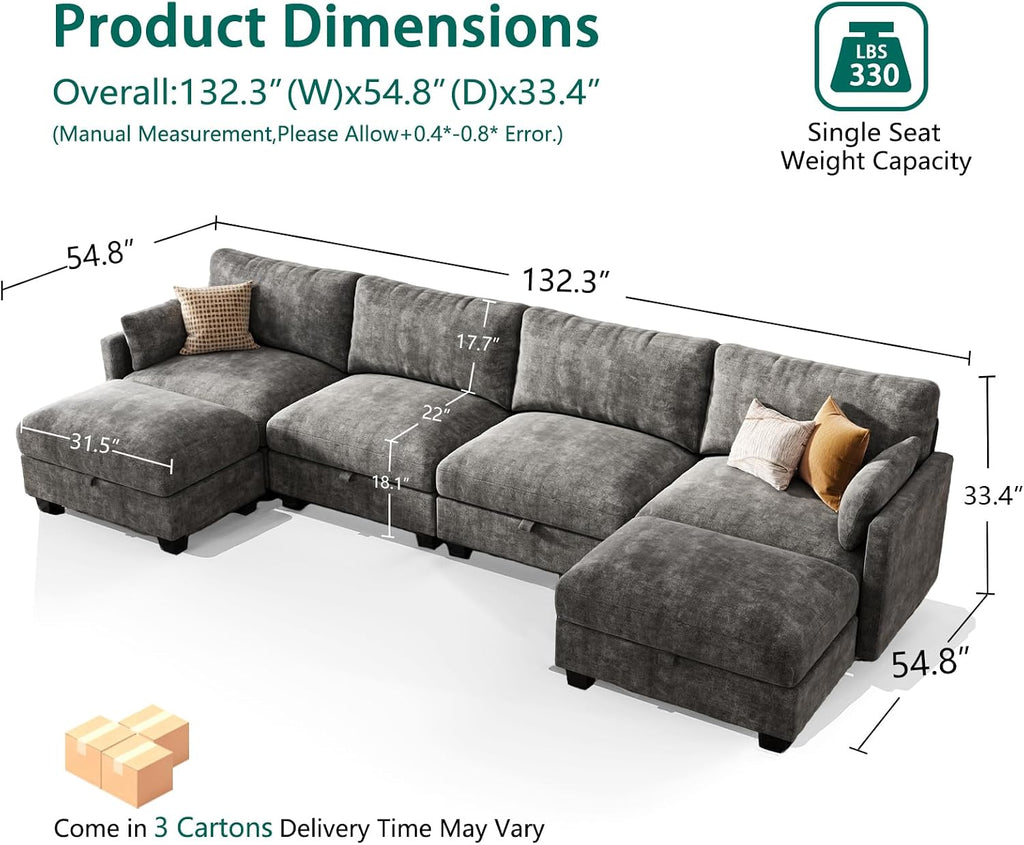 Modular Sectional U Shaped Sofa Couches for Living Room, Cloud Couch with Storage Ottoman, Comfy Chenille Sofa with Pillow, Dark Gray | Comfort, Ease of assembly, Softness, Good Quality, Storage Capacity, Sturdiness