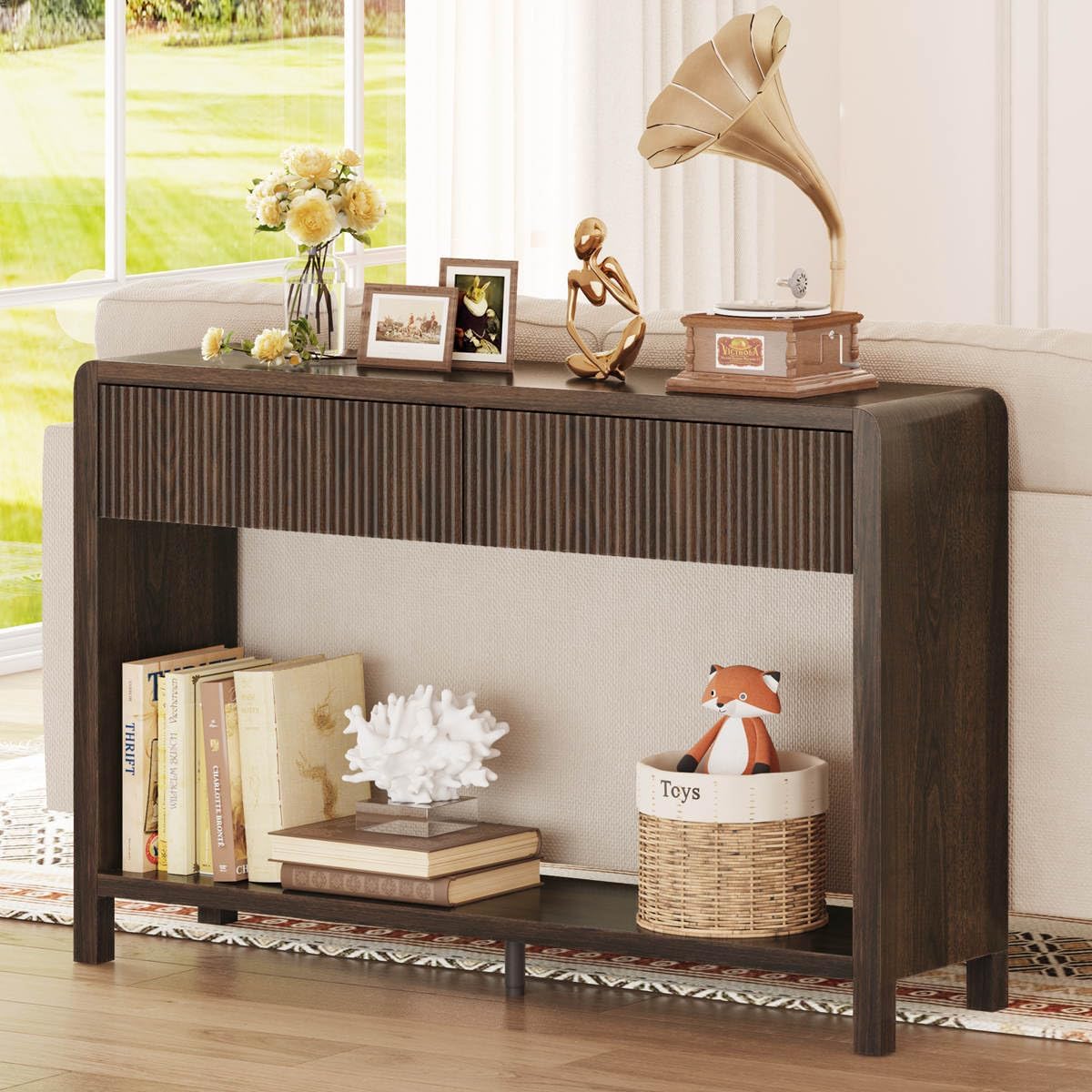 FATORRI Console Sofa Table with 2 Drawers, Wood Couch Table Behind Sofa, Farmhouse Entryway Tables for Hallway Storage (47.2 inch, Dark Walnut)
