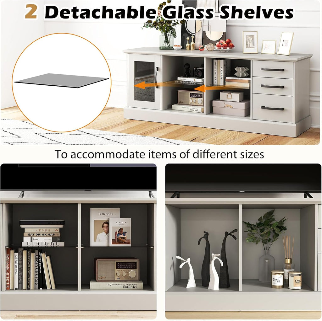 Giantex Farmhouse TV Stand for 73 Inch TV, Wood TV Console Table w/Removable Glass Shelves, Cable Management Holes & Drawers, Rustic Entertainment Center with Storage for Living Room, Bedroom, Grey
