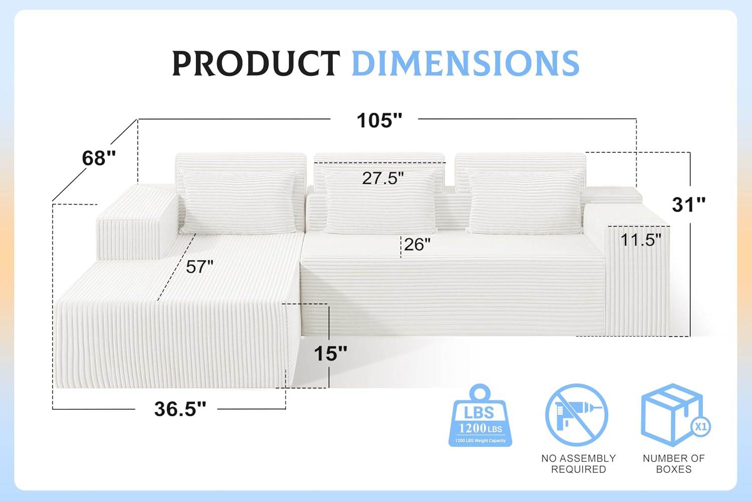 Homguava Modular Sectional Couches for Living Room,105' Cloud Couch with L-Shape Chaise,Comfy Sofa Living Room Sofas with Deep Seat,No Assembly L Couch,Corduroy Fabric(Beige,L)
