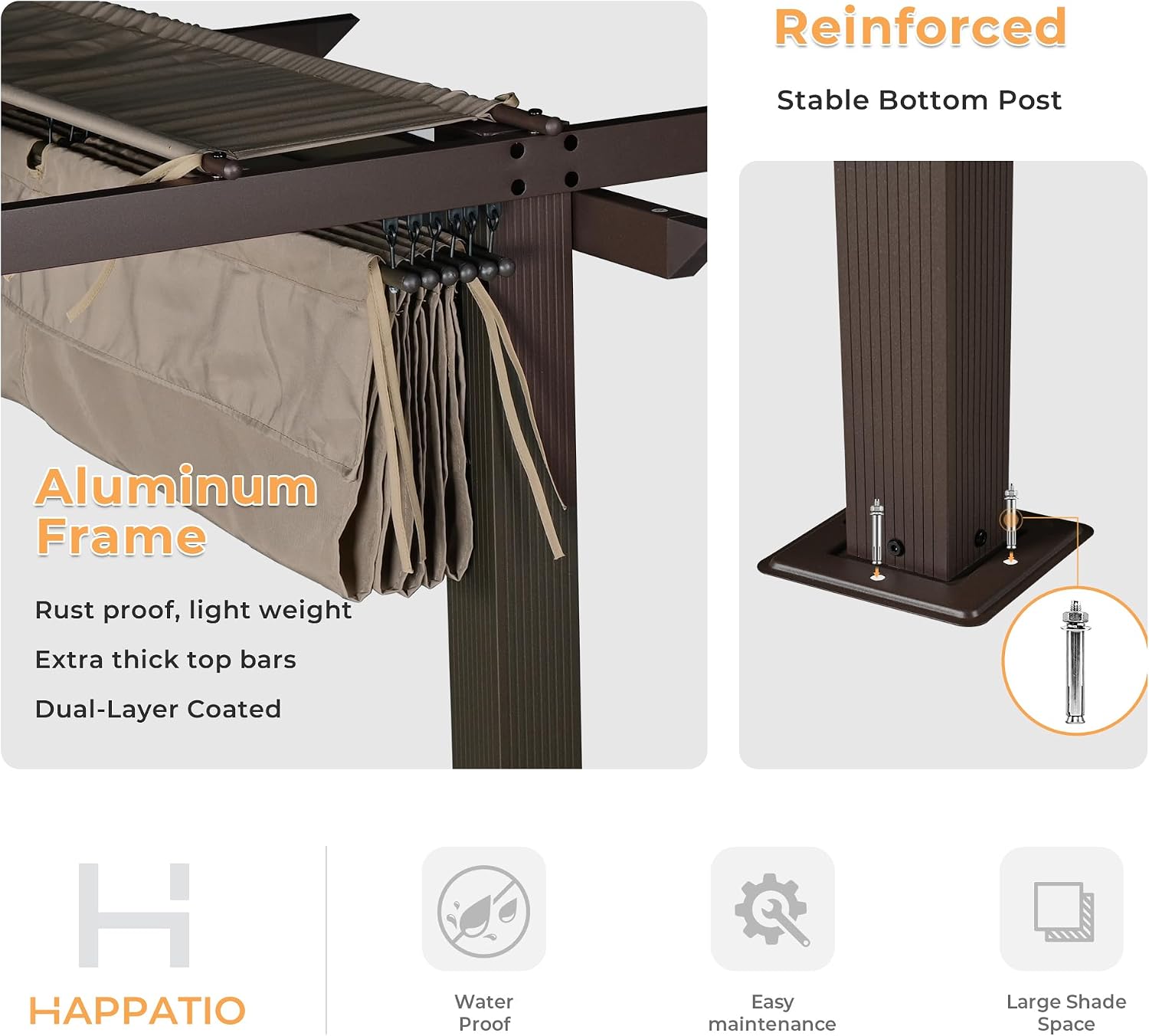 HAPPATIO 10' X 13' Retractable Pergola with Sun Shade Canopy, Patio Aluminum Frame Shelter for Backyards, Gardens, Porch, Includes Ground Studs and Expansion Screws (Brown)