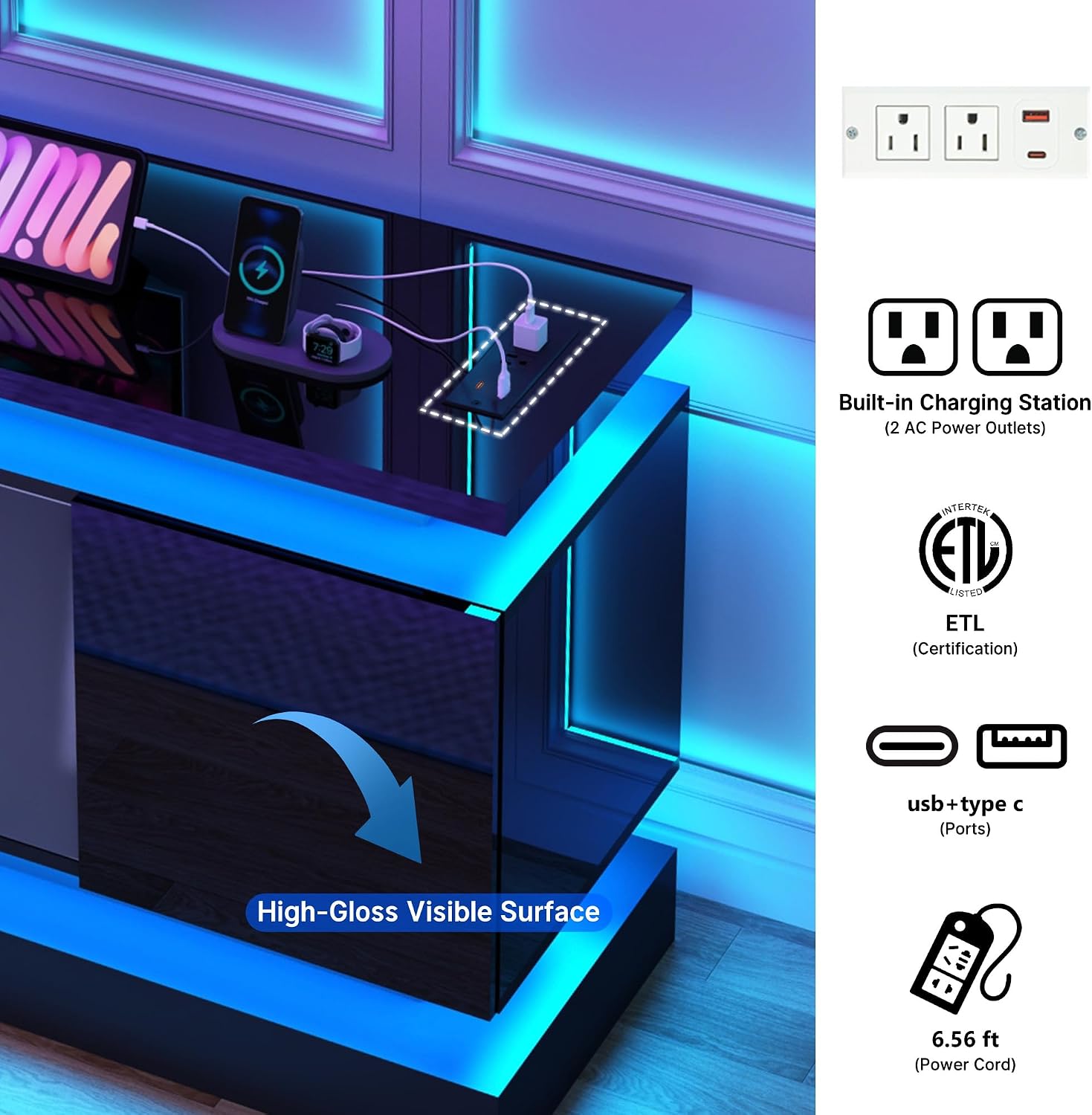 chartustriable 81IN LED TV Stands w/Power Outlet for 90/80/75 Inch TVs,High Glossy Modern Tall Entertainment Center TV Media Console Gaming with 2 Storage Cabinets,Dual LED Lights,Black