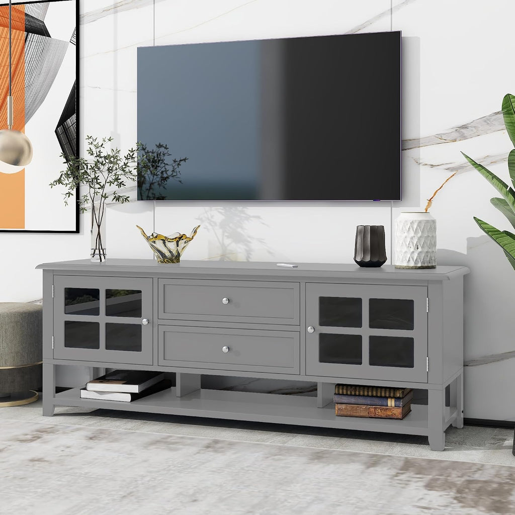 Merax Farmhouse TV Stand for TVs up to 60', Cottage Wood Entertainment Center with Window Pane Glass Door Storage Cabinet, 2 Drawers & Open Shelf, TV Console Table for Living Room Bedroom
