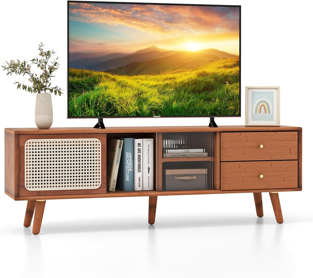 Tangkula Mid Century Modern TV Stand for TVs up to 65', Bamboo Entertainment Center w/Glass & PE Rattan Sliding Doors, 2 Drawers, Adjustable Shelf, Wood Legs, Media Console (Bamboo 2-Walnut)