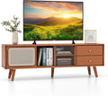 Tangkula Mid Century Modern TV Stand for TVs up to 65', Bamboo Entertainment Center w/Glass & PE Rattan Sliding Doors, 2 Drawers, Adjustable Shelf, Wood Legs, Media Console (Bamboo 2-Walnut)