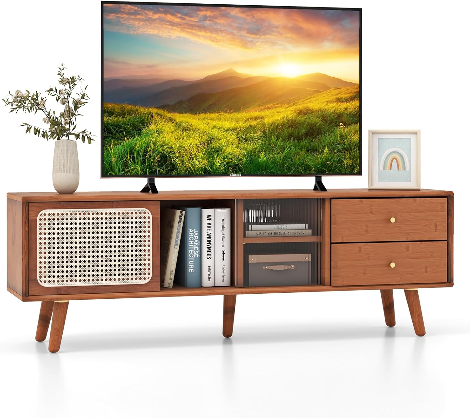Tangkula Mid Century Modern TV Stand for TVs up to 65', Bamboo Entertainment Center w/Glass & PE Rattan Sliding Doors, 2 Drawers, Adjustable Shelf, Wood Legs, Media Console (Bamboo 2-Walnut)
