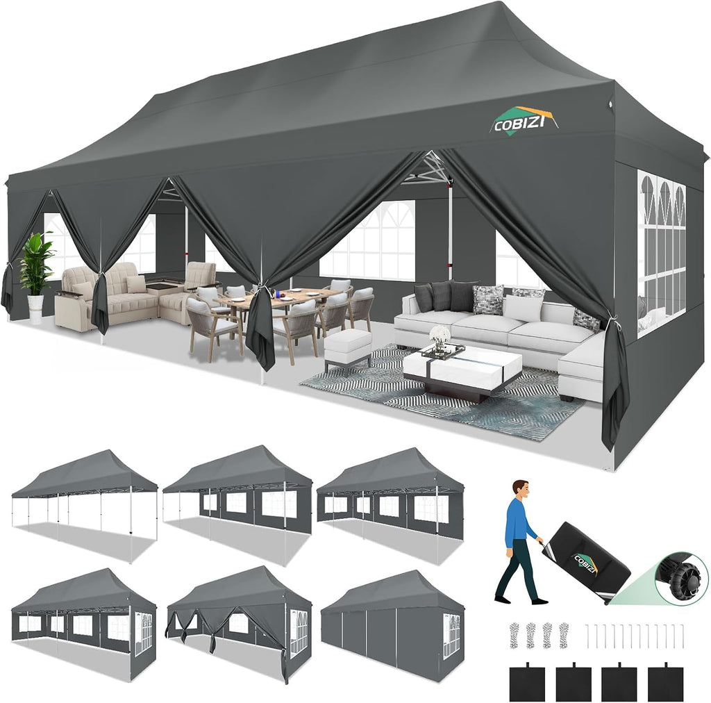 COBIZI Canopy Tent 10x30 Pop Up Canopy with 8 Removable Sidewalls Party Tents for Parties Wedding Patio Commercial Waterproof and UV50+ Ez Outdoor Instant Gazebo with Roller Bag & 4 Sandbags（Grey）