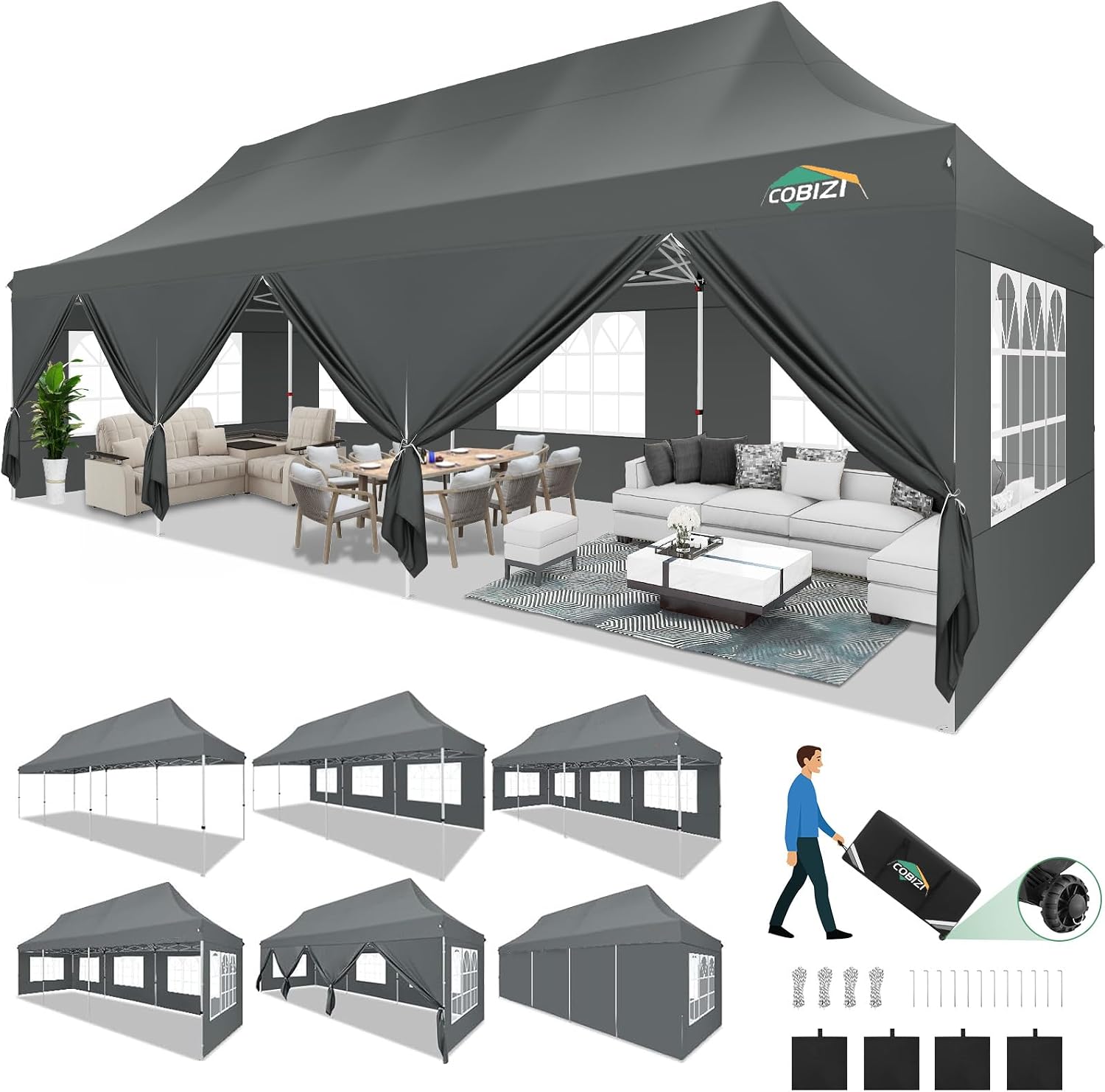 COBIZI Canopy Tent 10x30 Pop Up Canopy with 8 Removable Sidewalls Party Tents for Parties Wedding Patio Commercial Waterproof and UV50+ Ez Outdoor Instant Gazebo with Roller Bag & 4 Sandbags（Grey）