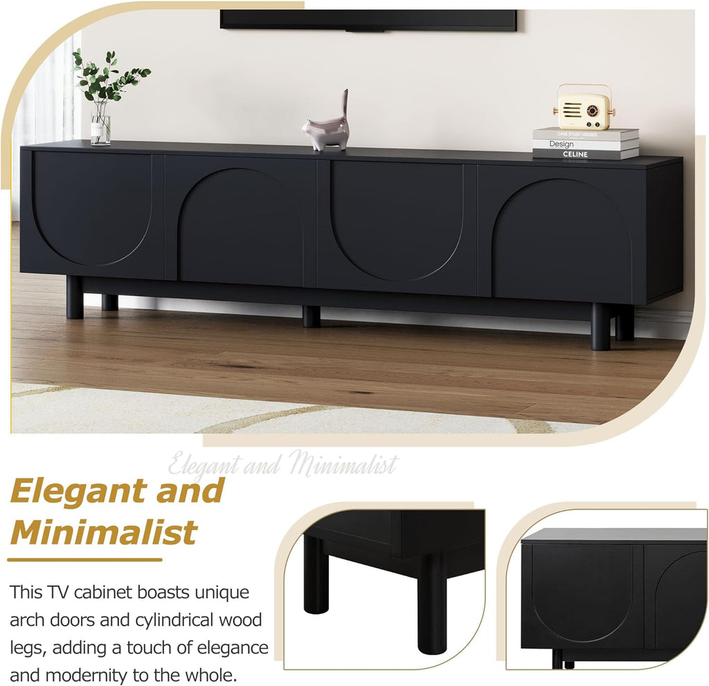 ON-TREND Graceful TV Stand with Arch Cabinets for TVs Up to 78'', Minimalist Entertainment Center with Solid Wood Legs, Practical Media Console with Adjustable Shelves for Living Room, Black