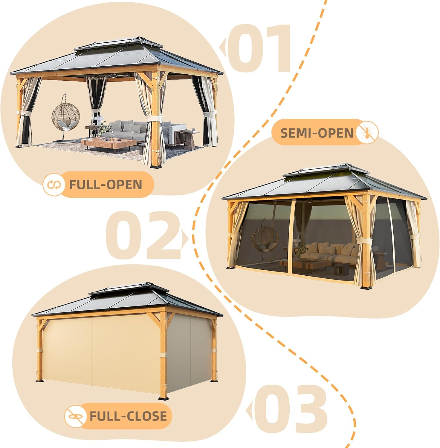 YOLENY 12'x16' Hardtop Gazebo Wood Outdoor Polycarbonate Double Roof, Netting and Curtains, Patio Gazebos for Decks, Backyards, Lawns and Gardens