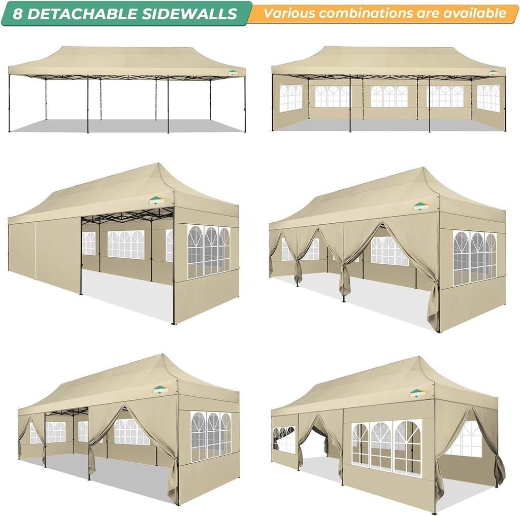 COBIZI 10x30 Heavy Duty Party Tent, Commercial 10x30 pop up Canopy for Parties Waterproof Gazebos with 8 Sidewalls, All Season Wind & Waterproof UPF50+,Stable Thickened Frame, Khaki