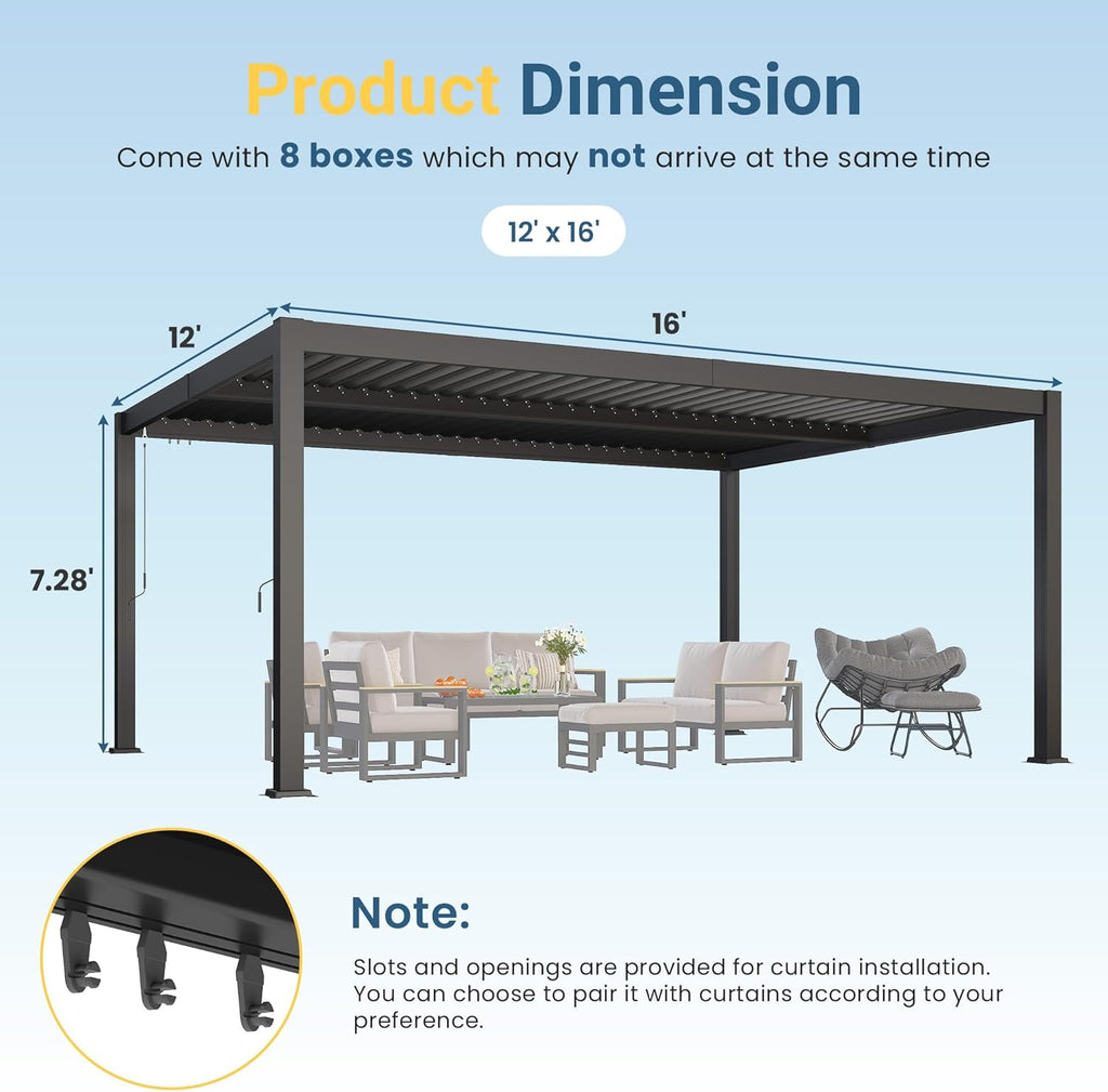 12' x 16' Louvered Pergola, Metal Outdoor Pergola with Adjustable Louvered Roof & Gutter System, Hardtop Patio Gazebo for Backyard, Deck, Garden, Dark Gray