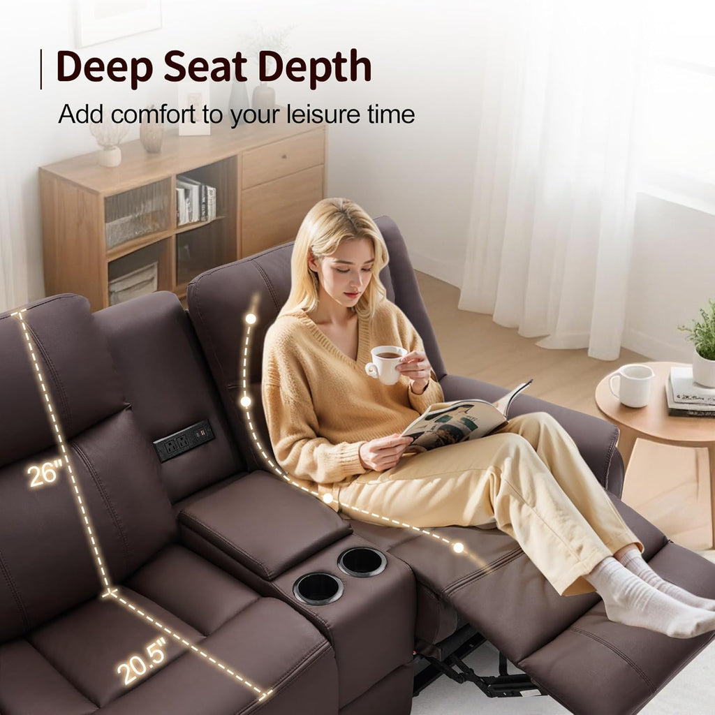 Korser Loveseat Recliner Sofa, Reclining Loveseat Couch with Manual Pull Tab, Reclining Couch with Console, USB Port, US Outlets, and Cup Holders, 2-Seater Leather Sofa for Living Room, RVs