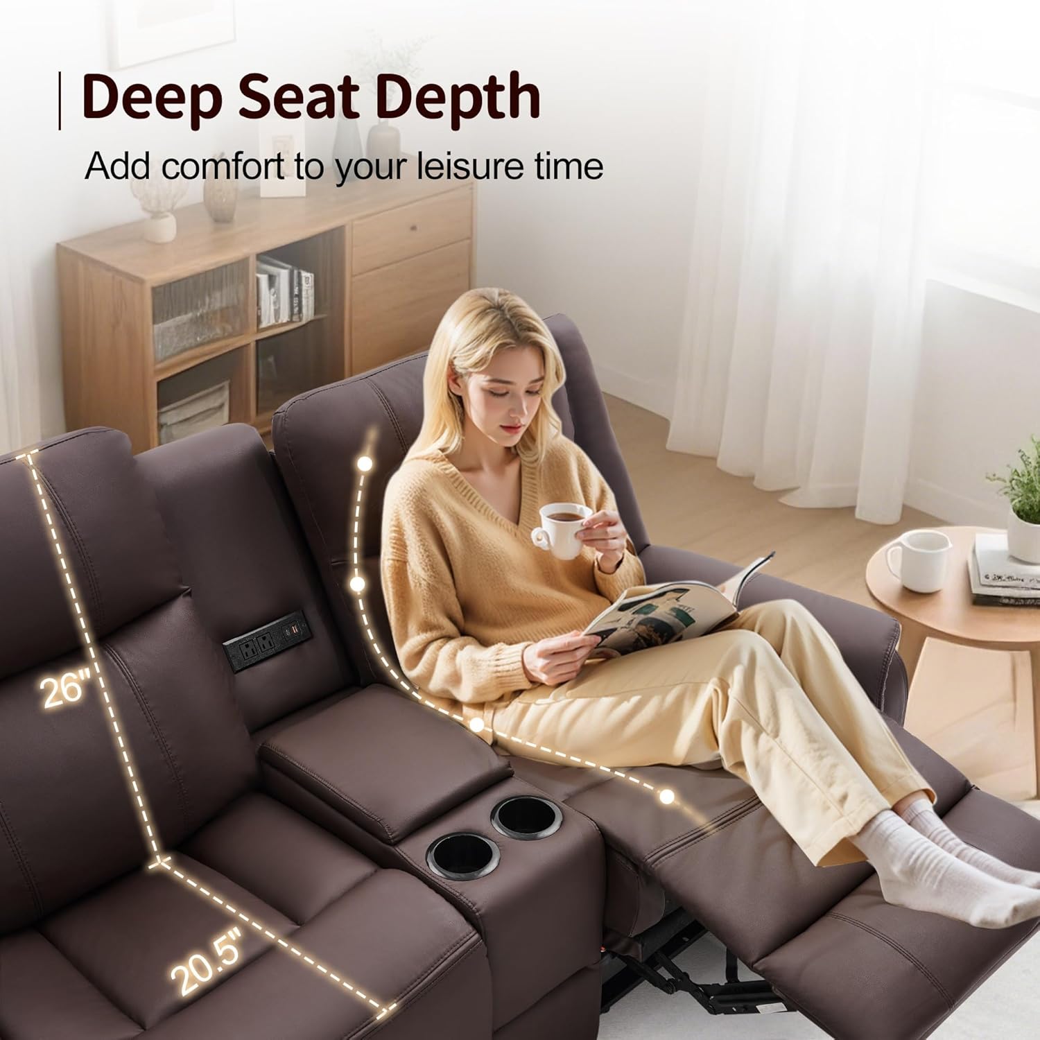 Korser Loveseat Recliner Sofa, Reclining Loveseat Couch with Manual Pull Tab, Reclining Couch with Console, USB Port, US Outlets, and Cup Holders, 2-Seater Leather Sofa for Living Room, RVs