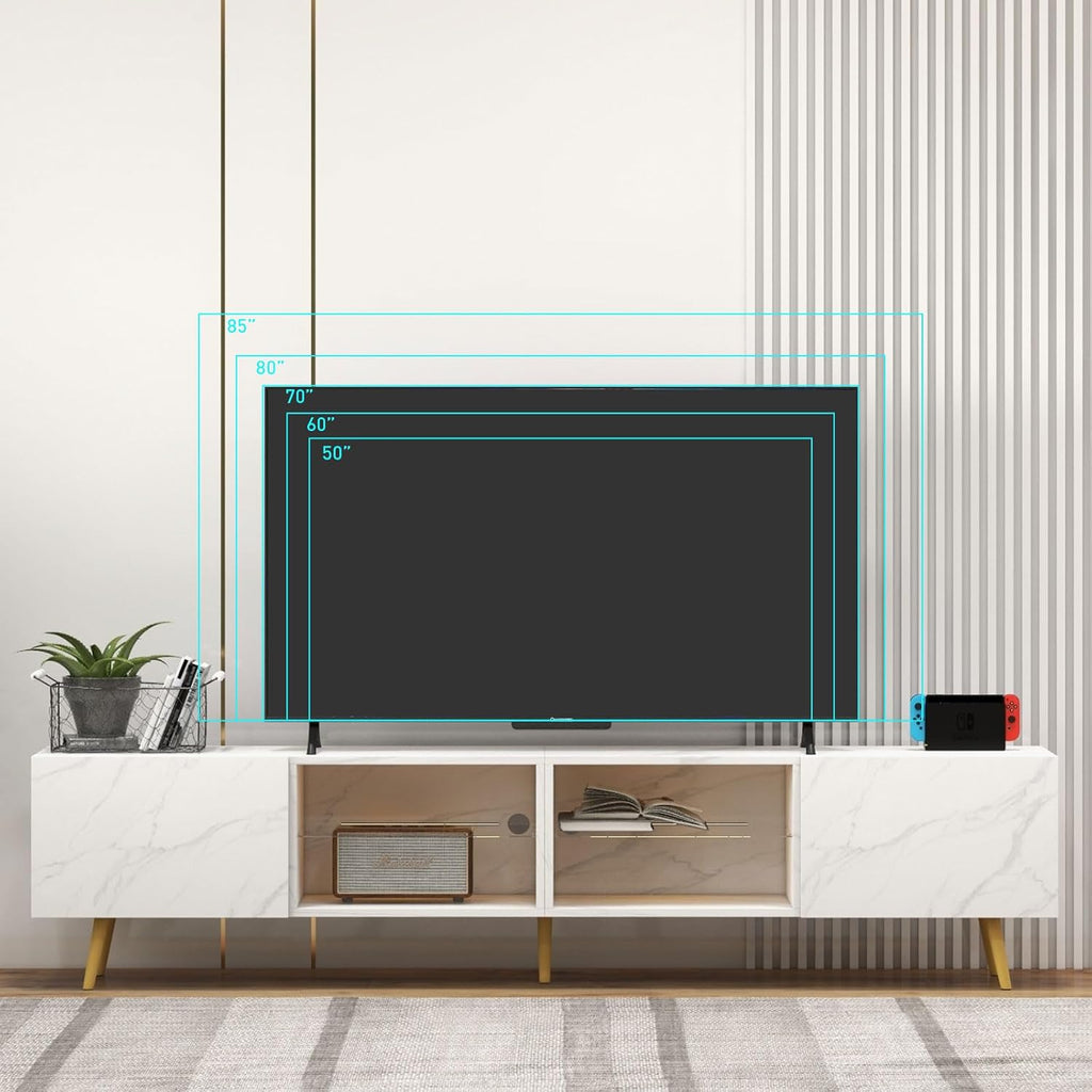 Bonzy Home 86' LED TV Stand, Modern Entertainment Center up to 75' TV, Television Console Table with Storage Cabinets for Living Room, White Marble