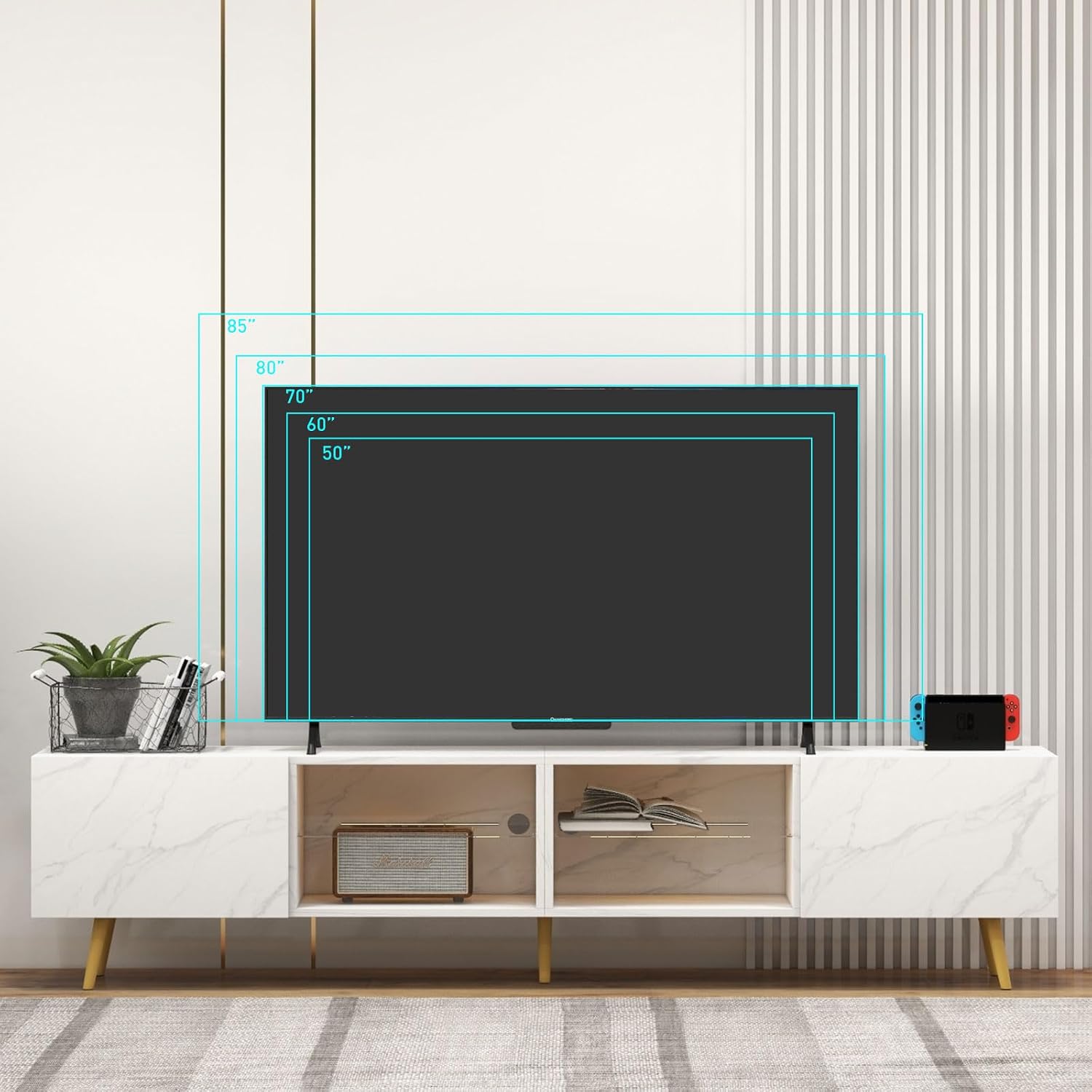 Bonzy Home 86' LED TV Stand, Modern Entertainment Center up to 75' TV, Television Console Table with Storage Cabinets for Living Room, White Marble