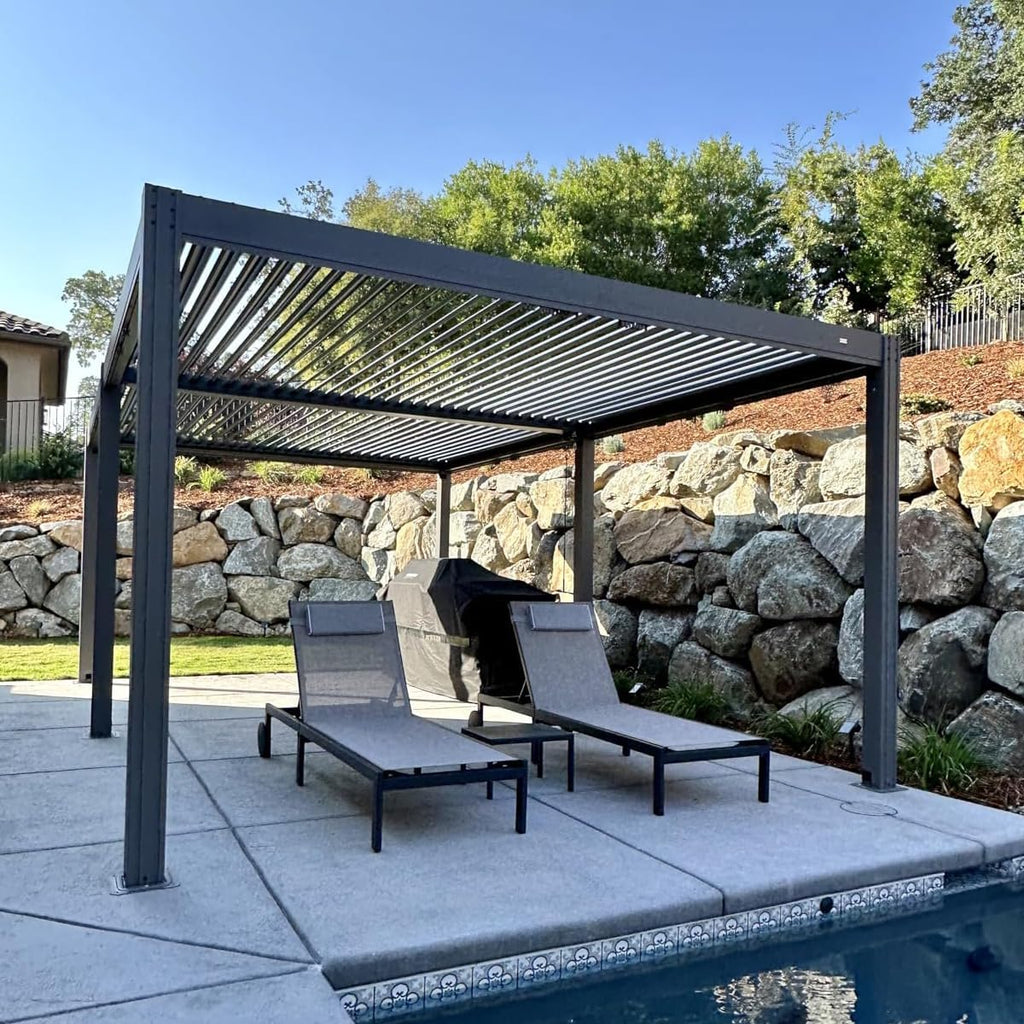 Domi 10' x 13' Louvered Pergola with Adjustable Rainproof Roof, Outdoor Aluminum Frame Hardtop Gazebo for Backyard, Garden and Lawn w/Netting (Dark Gray)