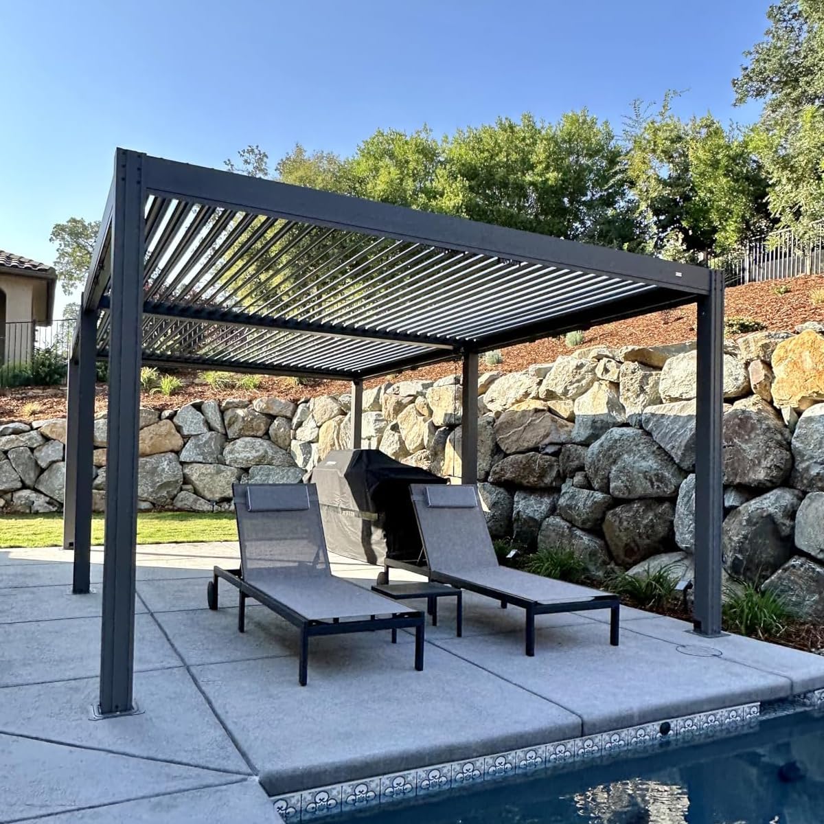 Domi 10' x 13' Louvered Pergola with Adjustable Rainproof Roof, Outdoor Aluminum Frame Hardtop Gazebo for Backyard, Garden and Lawn w/Netting (Dark Gray)