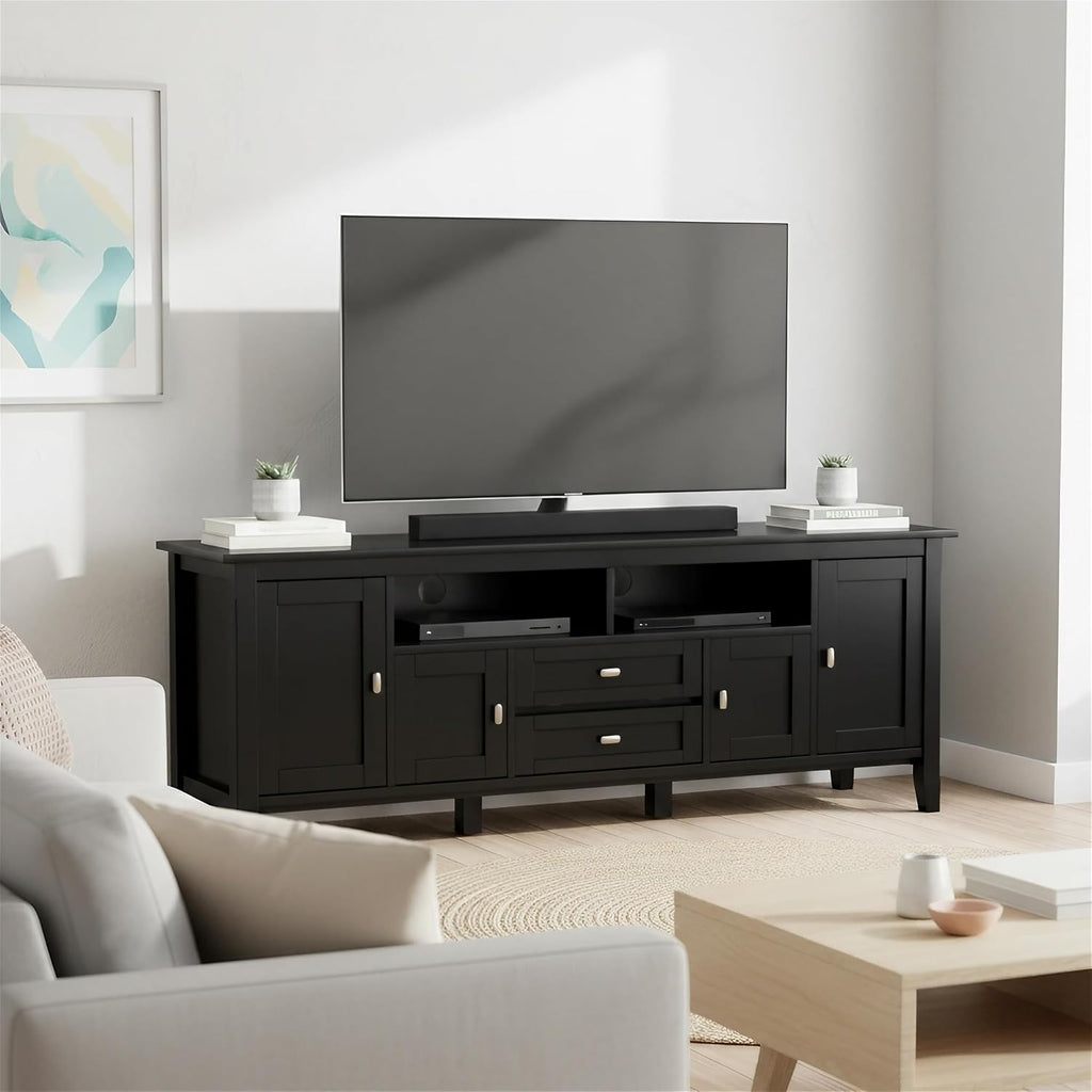SIMPLIHOME Warm Shaker TV Stand - 72 inch Wide Solid Wood Media Console in Deep Black, Transitional Entertainment Center for Living Room for TVs up to 80 Inches with Cabinets and Cable Management