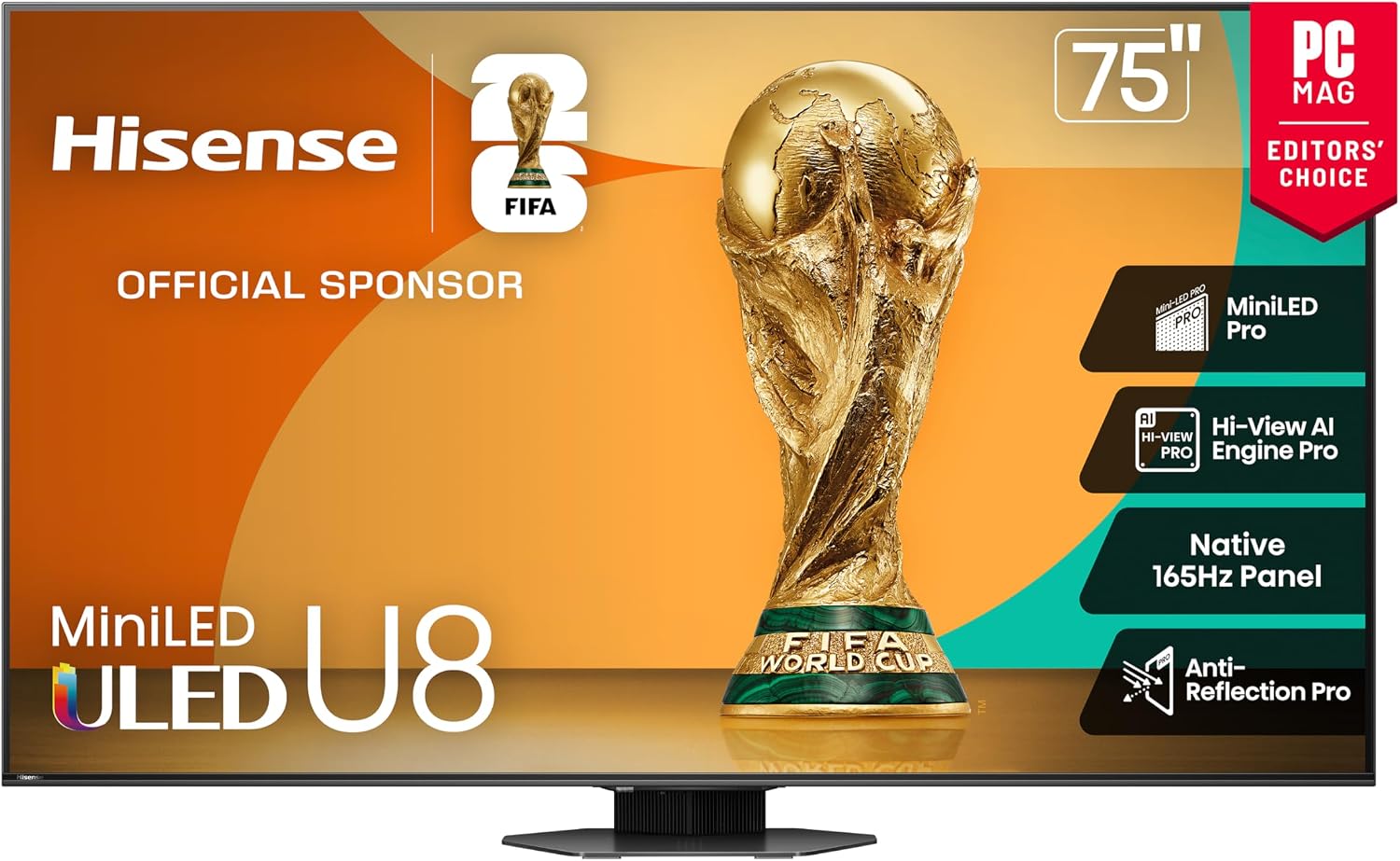Hisense 75' Class U8 Mini-LED ULED 4K UHD Google Smart TV (75U8QG, 2025 Model) - QLED, Native 165Hz, VRR 288, Up to LD5600, 5000 Nits, HDR10+, Dolby Vision IQ · Atmos, IMAX Enhanced, 4.1.2 Ch Audio