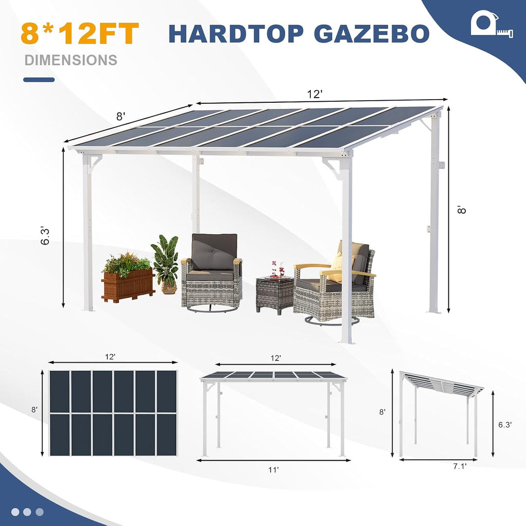 MEISSALIVVE 8' x 12' Wall Mounted Lean to Metal Awnings with Sloped Roof, Outdoor Patio Gazebo Awning for Backyard, Deck, White