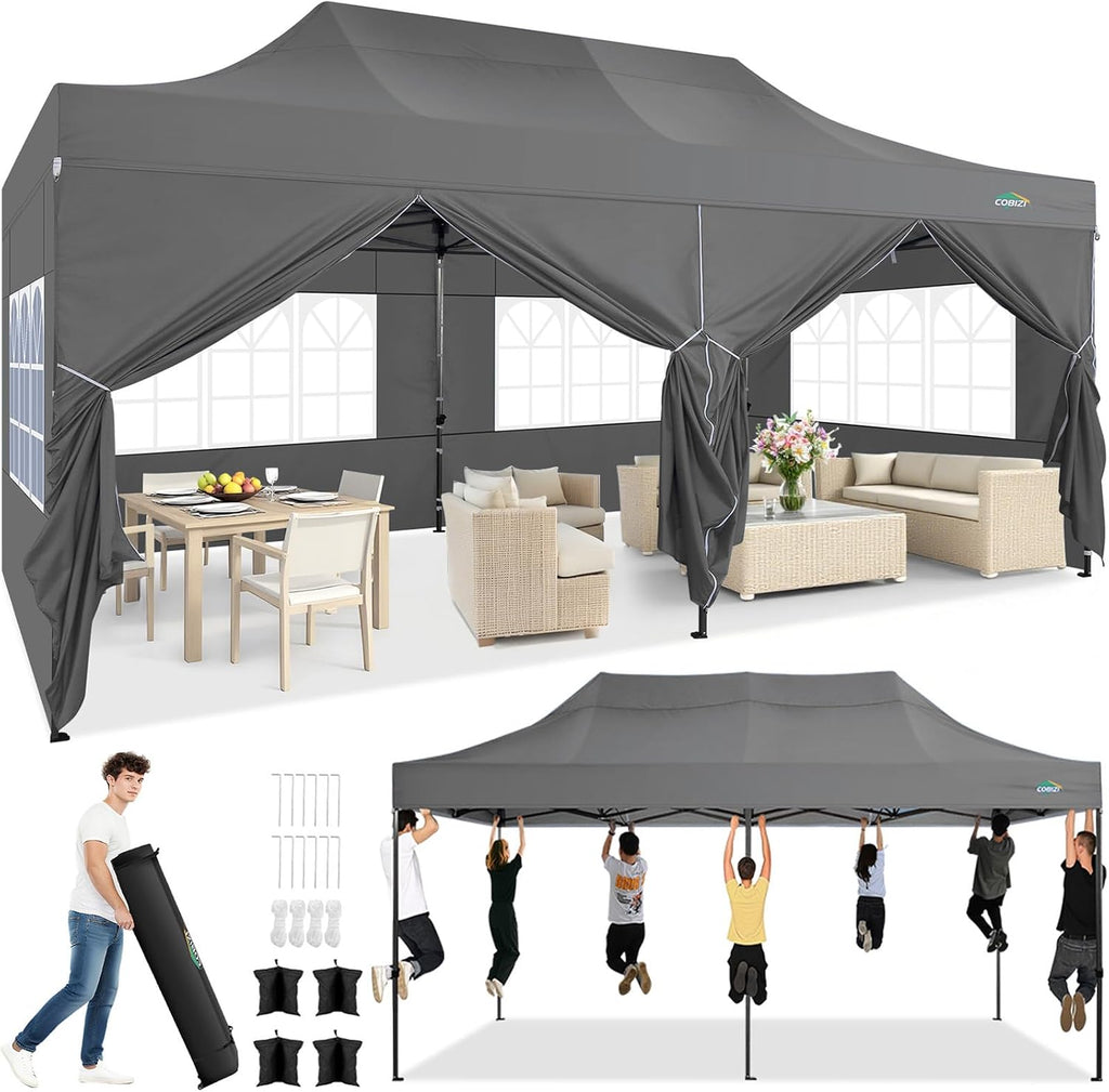 COBIZI 10x20 Heavy Duty Pop Up Canopy Tent with 6 Sidewalls Thicken Frame, Commercial Easy Up Outdoor Wedding Party Tents, All Season Waterproof Windproof with Stakes Sandbags Ropes Roller Bag, Gray