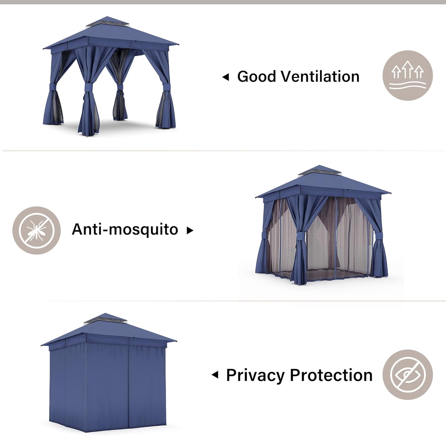 LAUSAINT HOME 8'x8' Outdoor Patio Gazebo, Heavy Duty Party Tent & Shelter with Double Roofs, Mosquito Nettings and Privacy Screens for Backyard, Garden, Deck (Navy Blue)