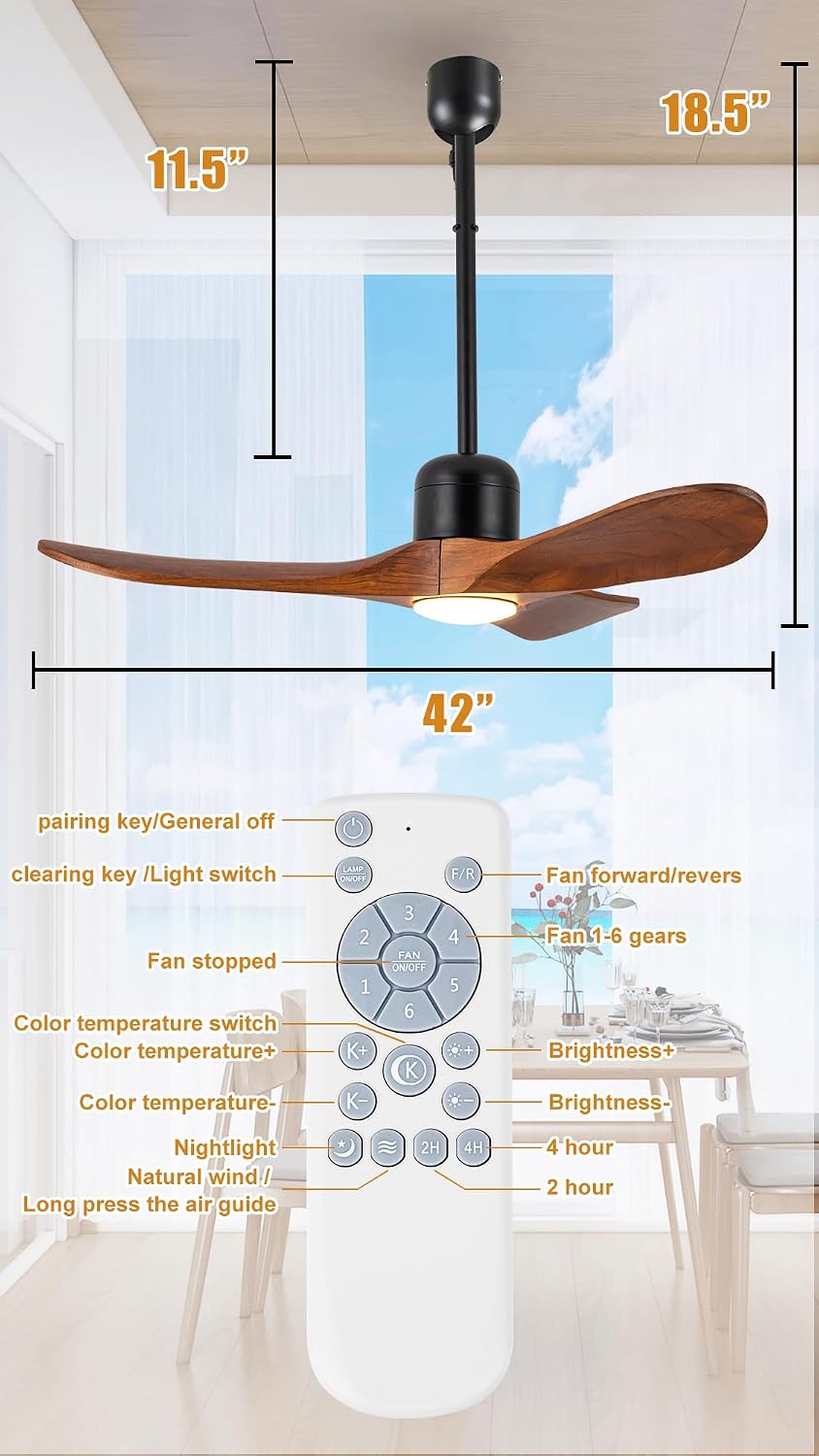 42 Inch Outdoor Ceiling Fan with Light and Remote, Wet Rated Wood Gazebo Fan with 16ft Plug-in Cord, 3 Walnut Blades Farmhouse Patio Fan, Reversible DC Motor, Memory Function, Matte Black