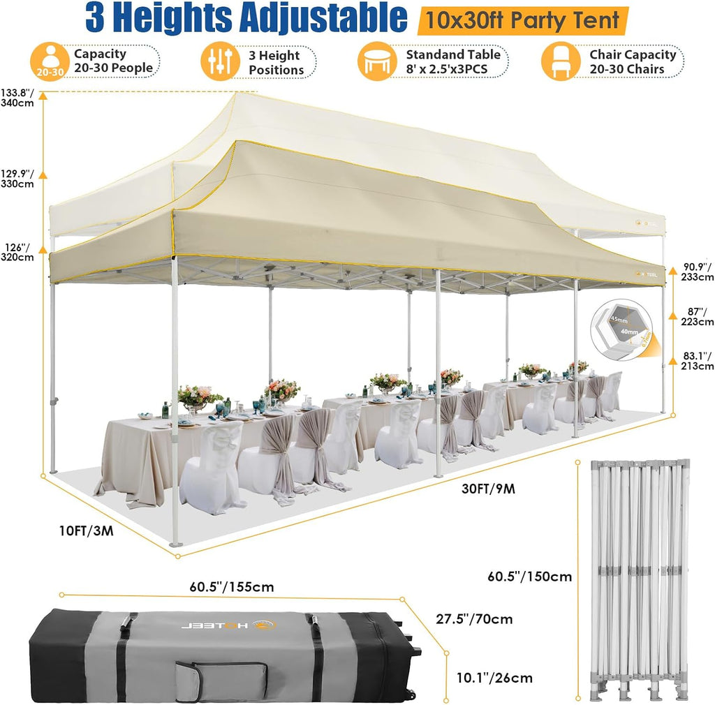 HOTEEL 10x30 Heavy Duty Pop up Canopy Tent Without Sidewalls, Easy Setup Outdoor Commercial Instant Tent for Parties Wedding Event, with Portable Bag, Khaki(Hexagonal Frame)