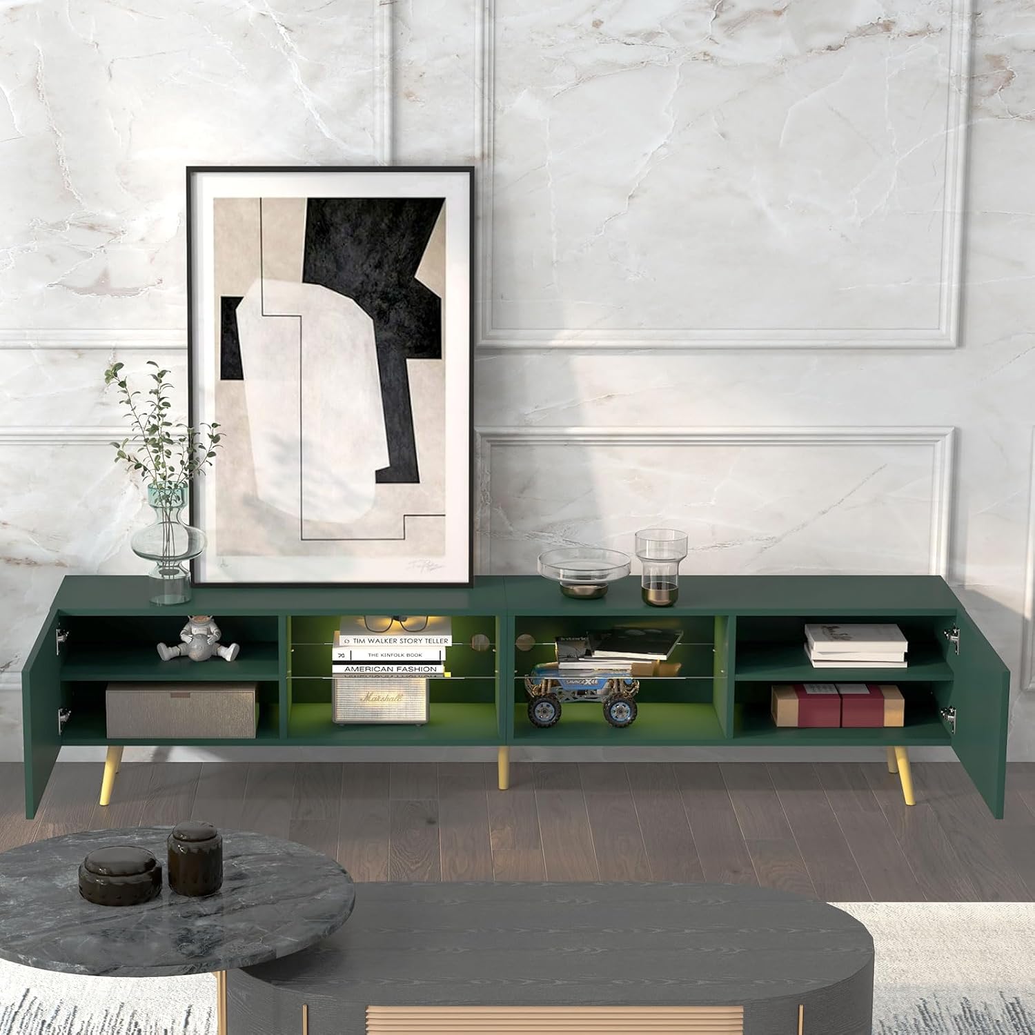 Bonzy Home 86' LED TV Stand, Modern Entertainment Center up to 90' TV, Television Console Table with Storage Cabinets for Living Room, Dark Green