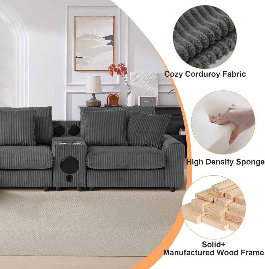 MAKIAAP 114' Corduroy Sectional Modular Couch with Speakers, L Shaped Couches Comfy Deep Sofa with Console, USB Charger, Cup Holders, Storage, Ottoman for Living Room (Gray, 114in)
